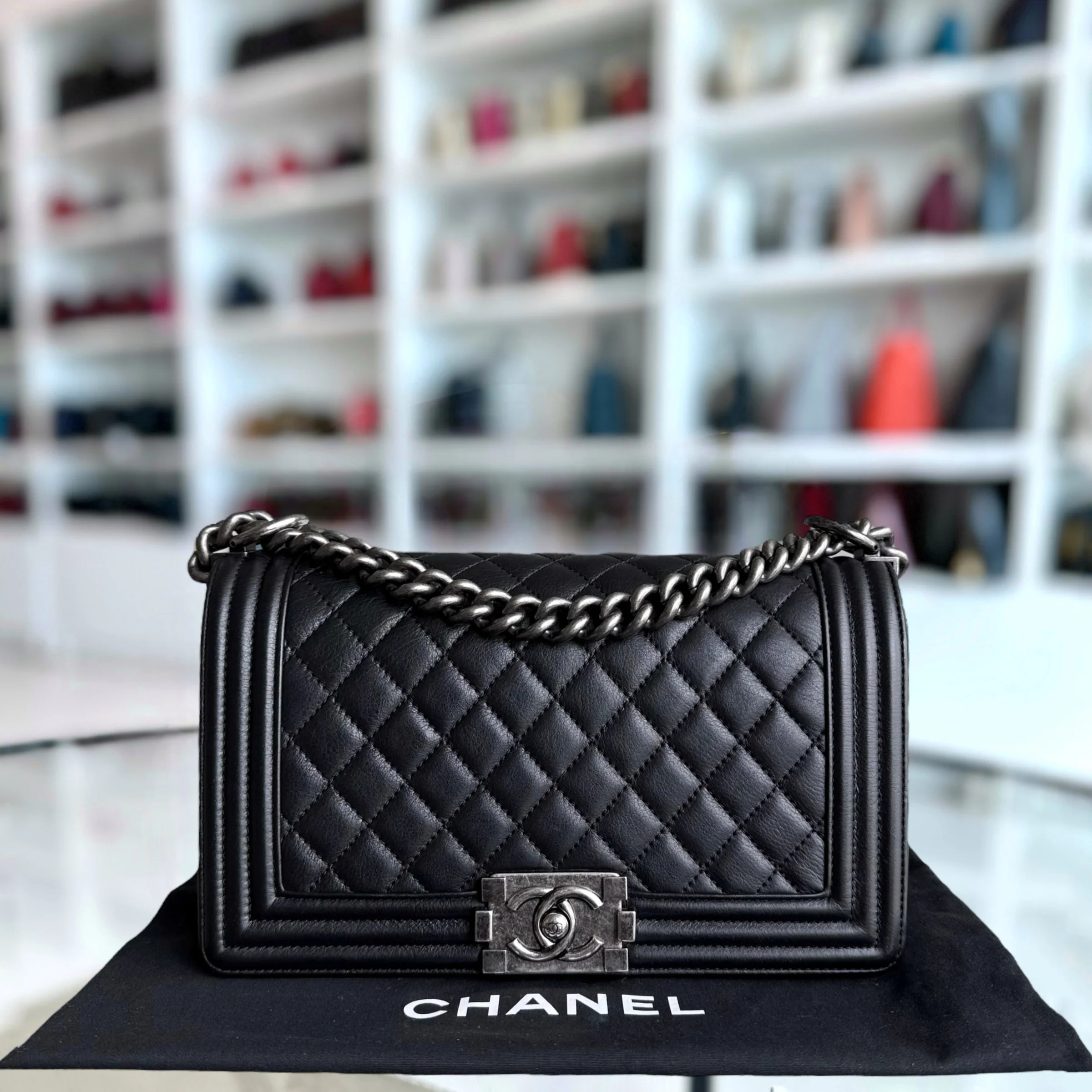Chanel Boy Medium - 25CM Quilted Calfskin Black Ruthenium Silver Hardware