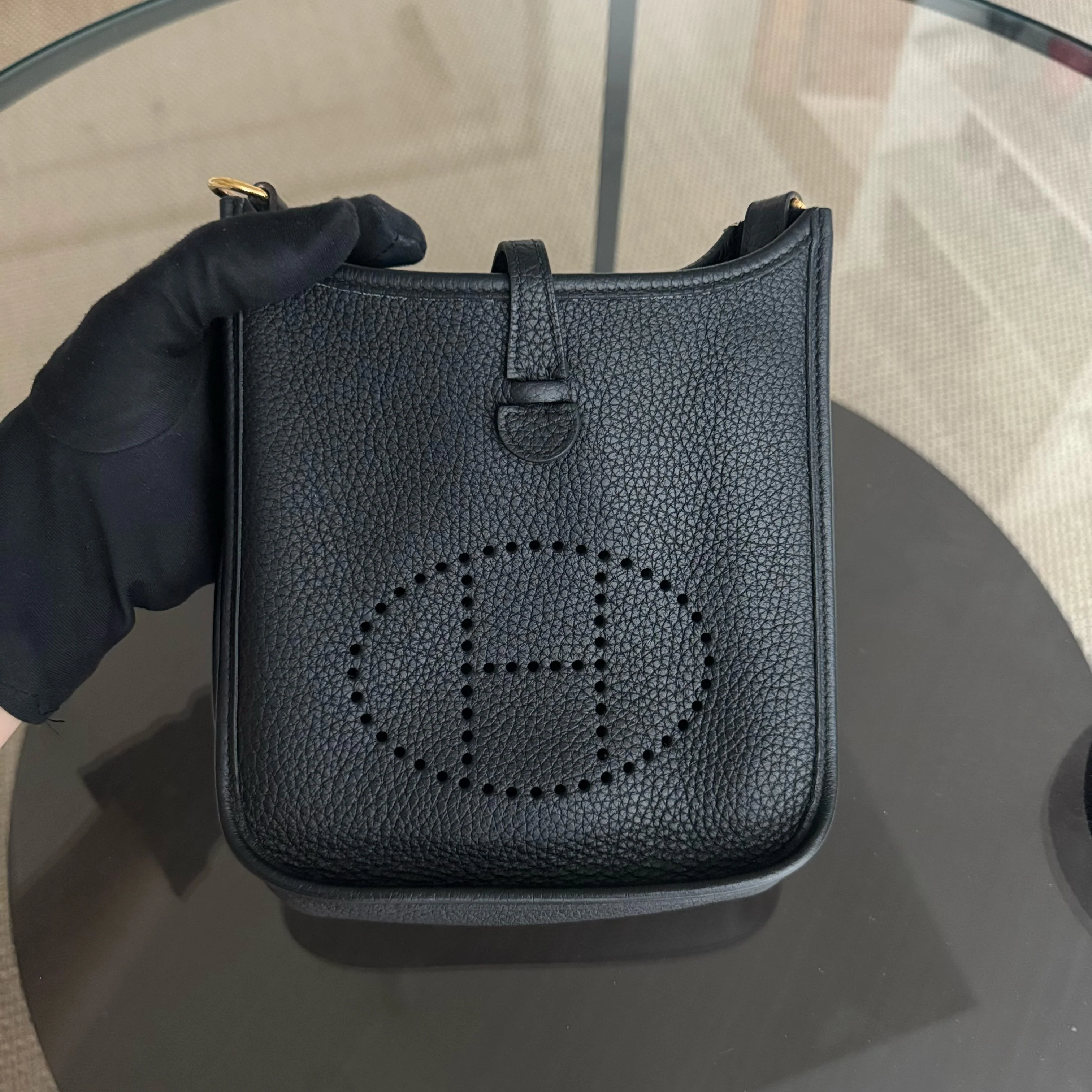 Hermes Evelyn Mini - Clemence Y Stamp Black Gold Hardware