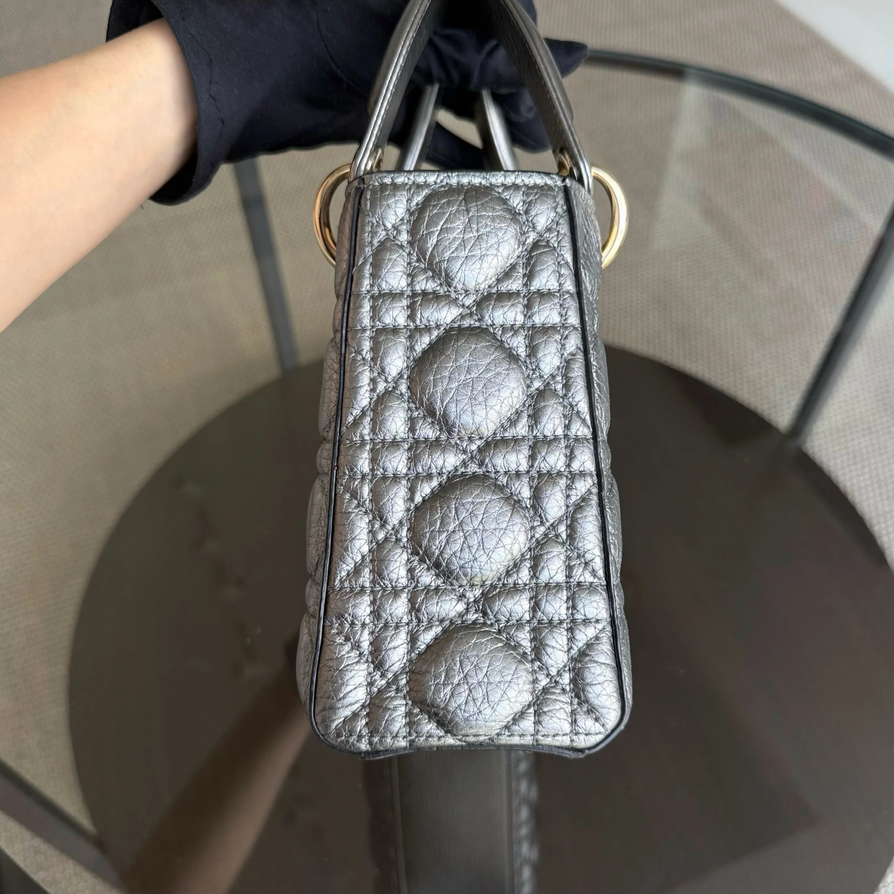 Dior Lady Small - Cannage Gray Calfskin Gold Hardware