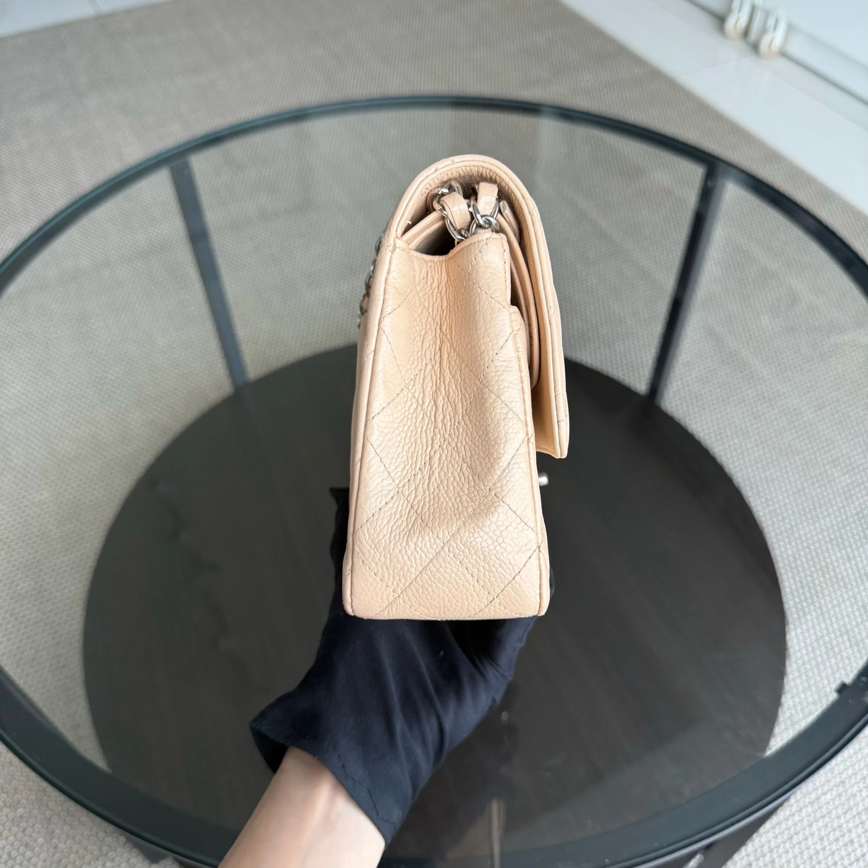 Chanel Classic Flap Medium - 25CM Quilted Caviar Beige Silver Hardware Series 12