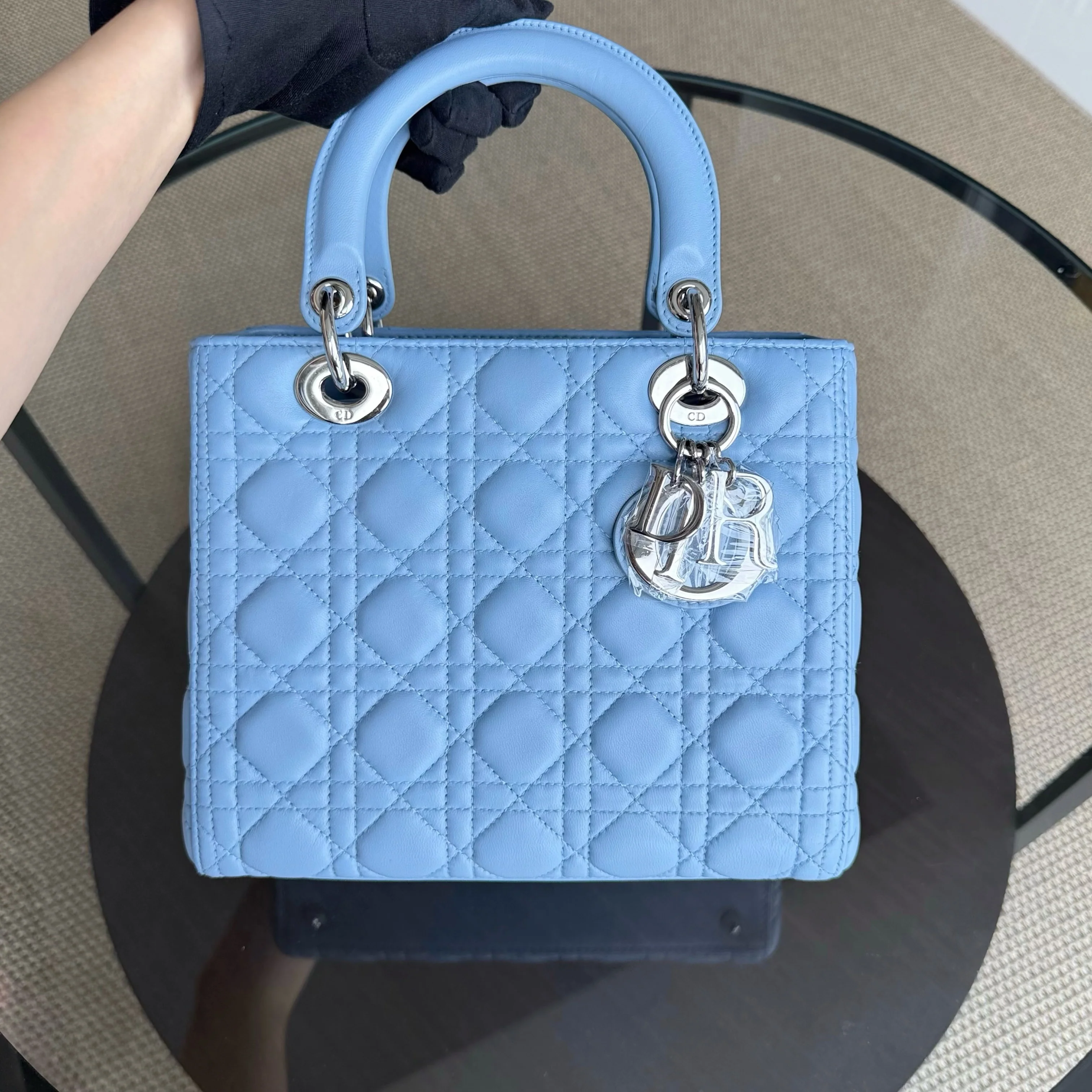 Dior Lady Medium Cannage Lambskin Light Baby Blue Silver Hardware