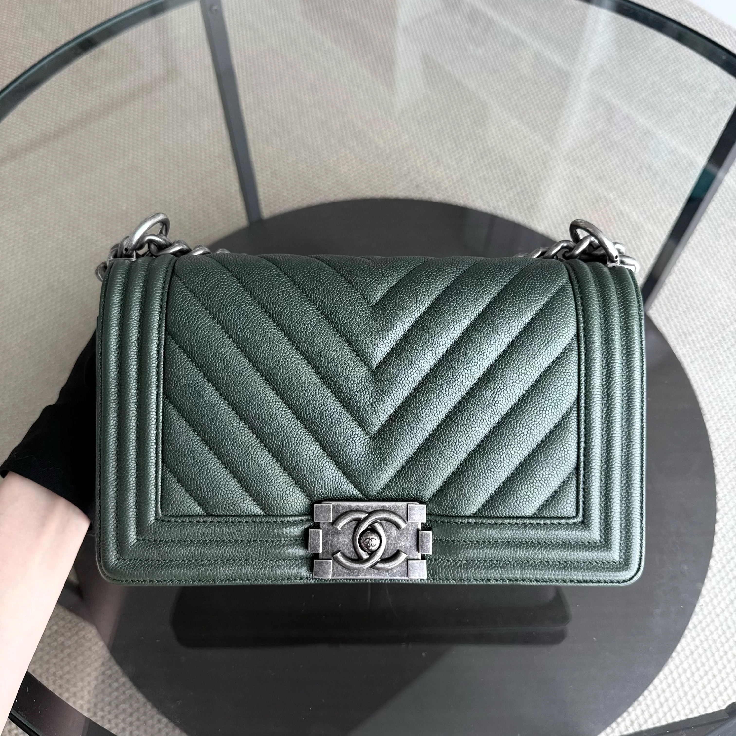 Chanel Boy Medium - Caviar 25CM Chevron Dark Green Ruthenium Silver Hardware Series 26