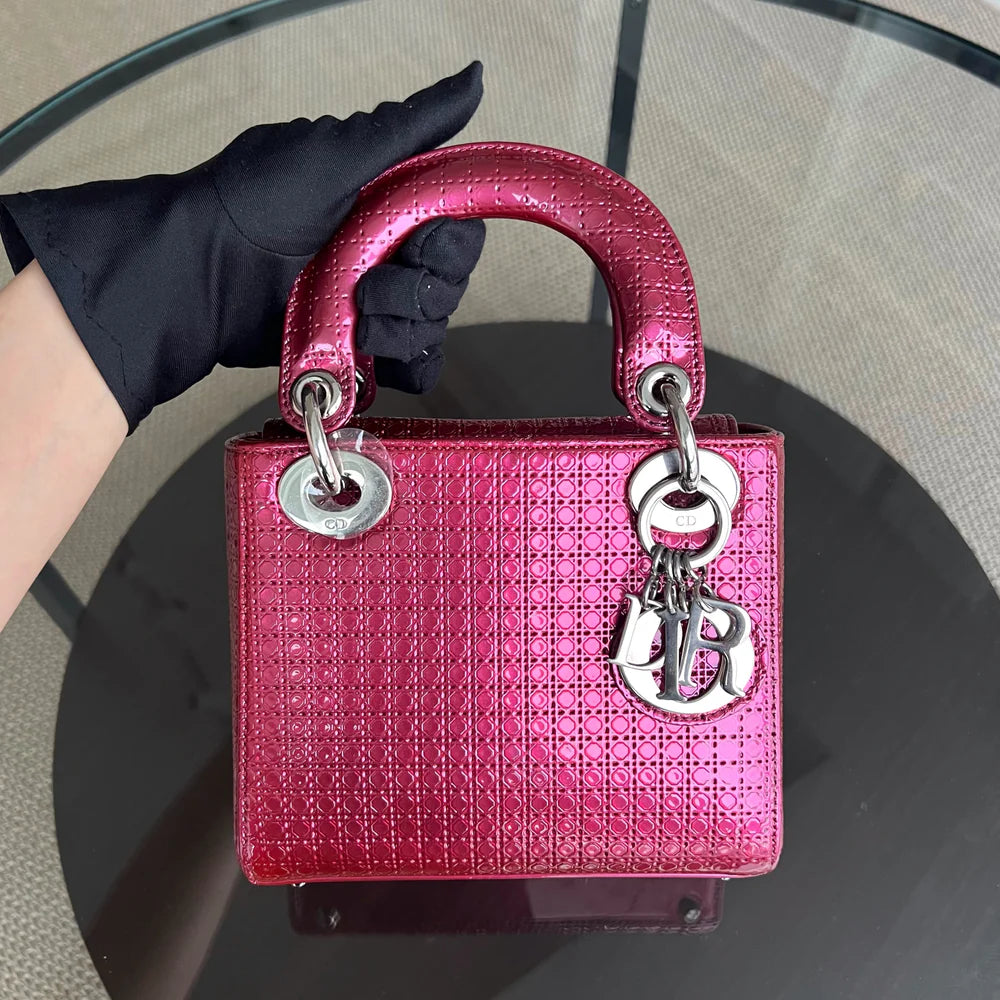 Dior Lady Mini - Calfskin Micro-Cannage Metallic Pink Silver Hardware Adjustable Strap