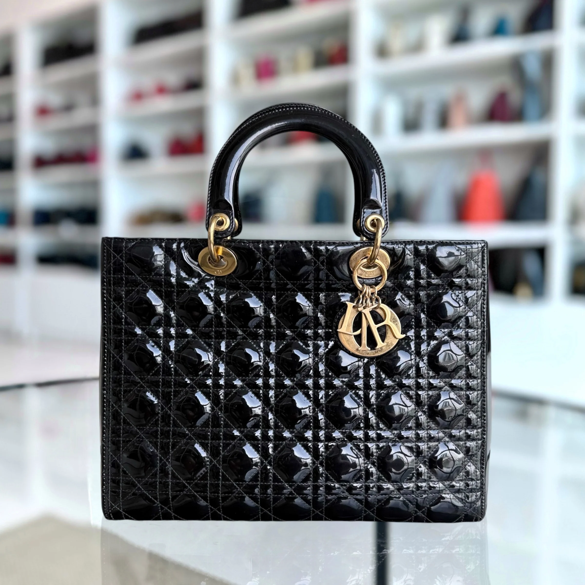Dior Lady Large - Patent Calfskin Black Gold Hardware NO STRAP