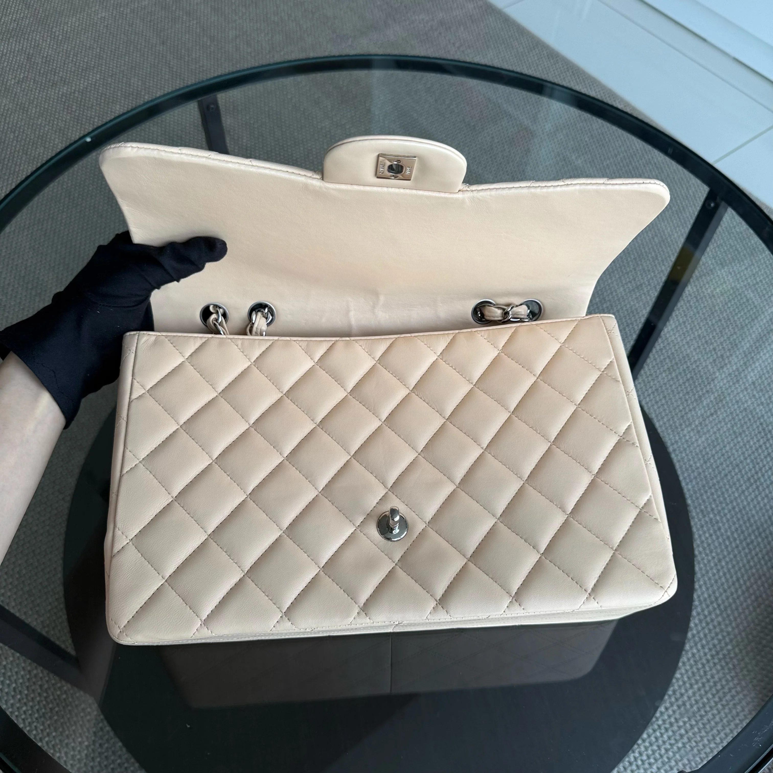 Chanel Classic Flap Jumbo - 30CM Single Flap Quilted Lambskin Beige Silver Hardware Series 14