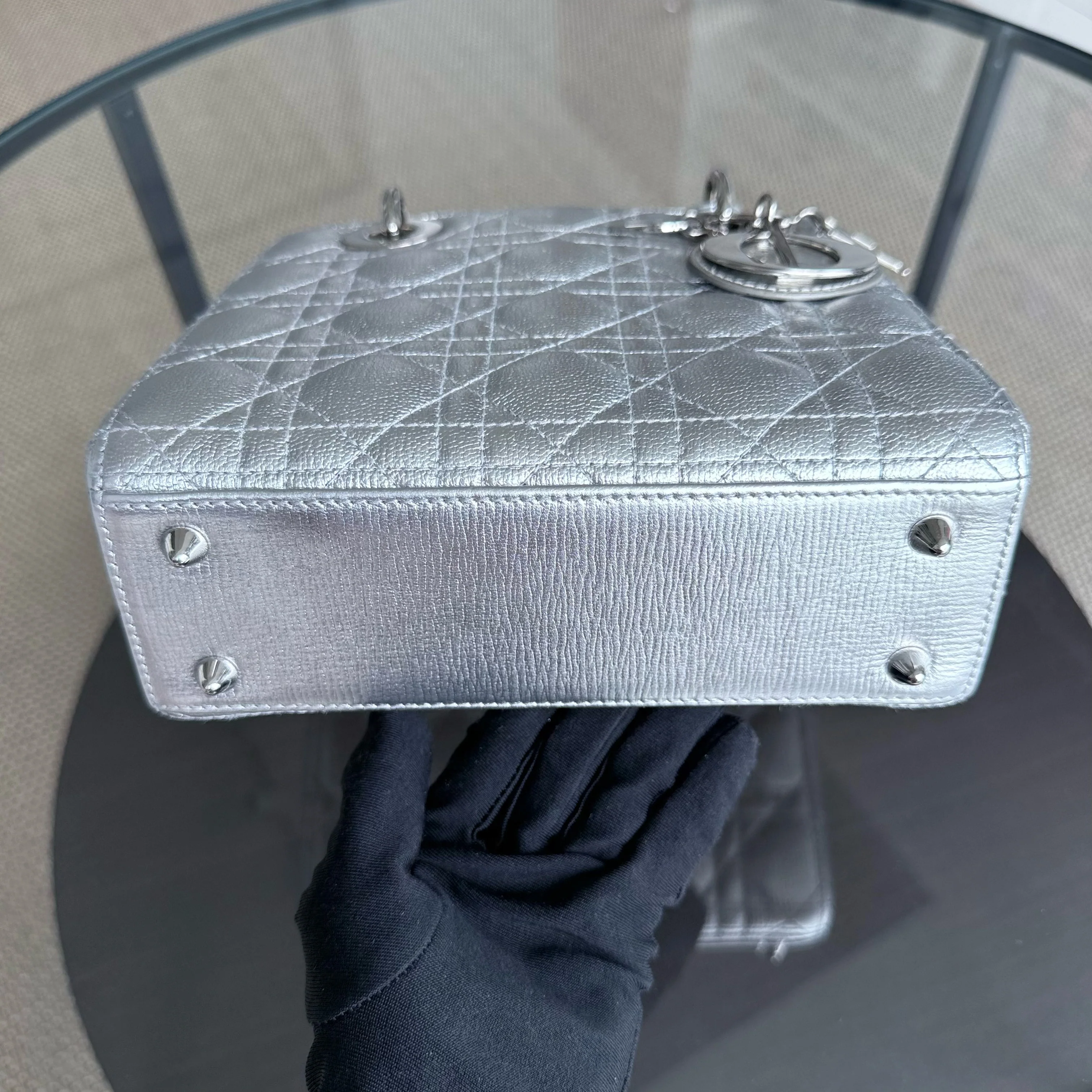Dior Lady Small - Cannage Metallic Calfskin Silver Silver Hardware