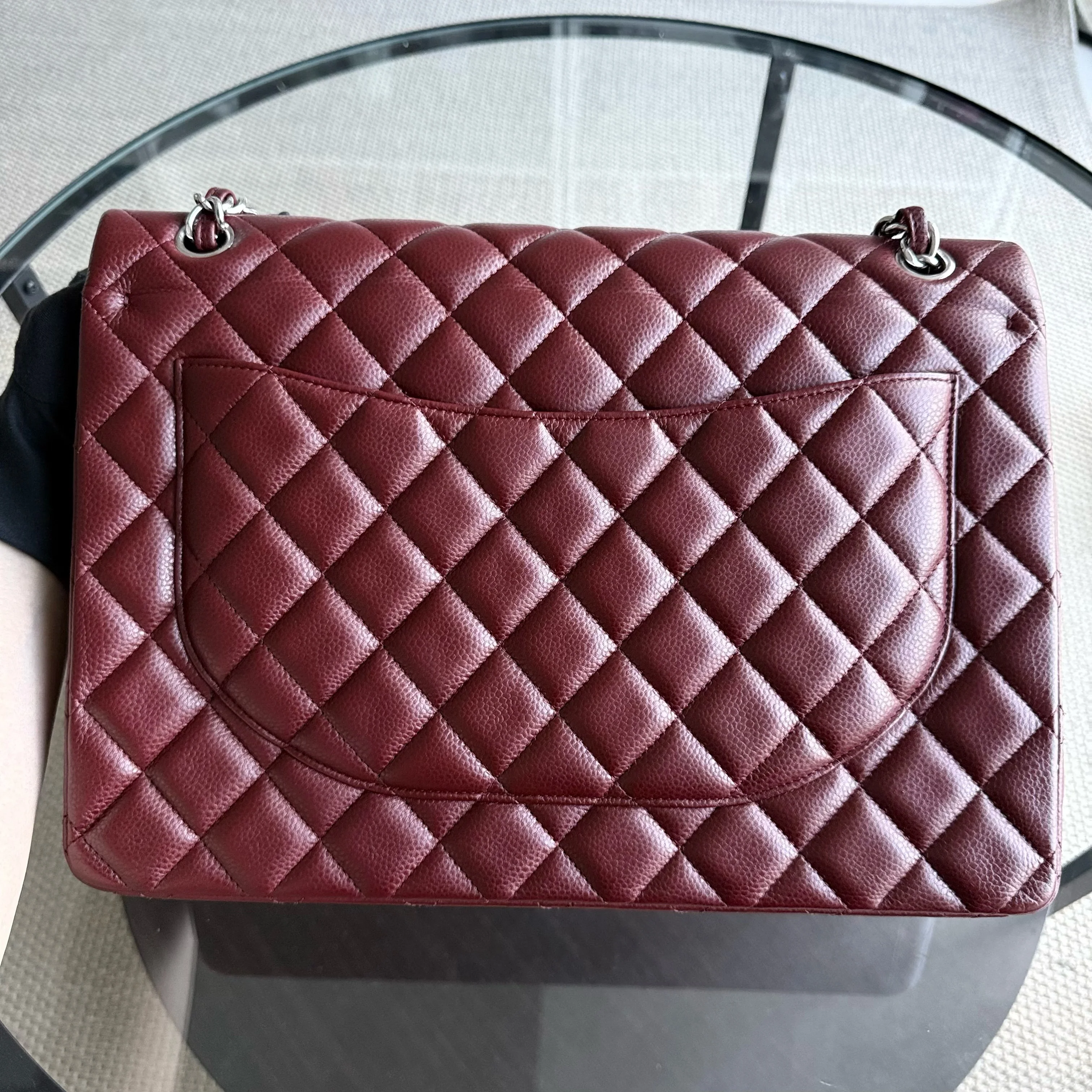 Chanel Classic Flap Maxi - Caviar Double Flap 33CM Quilted Grained Calfskin Burgundy Dark Red Silver Hardware Series 15