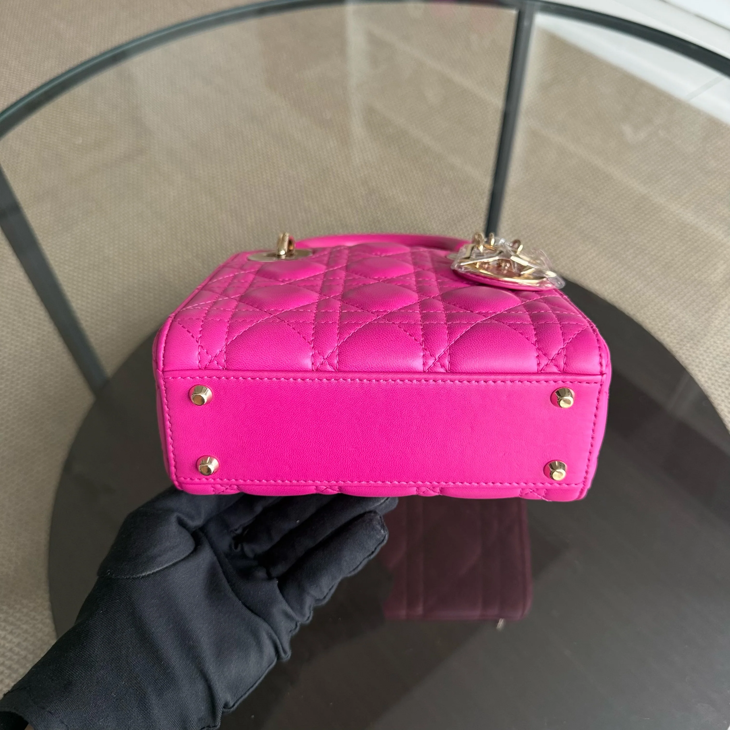 Dior Lady Mini - Cannage Lambskin Hot Pink Gold Hardware Chain Strap