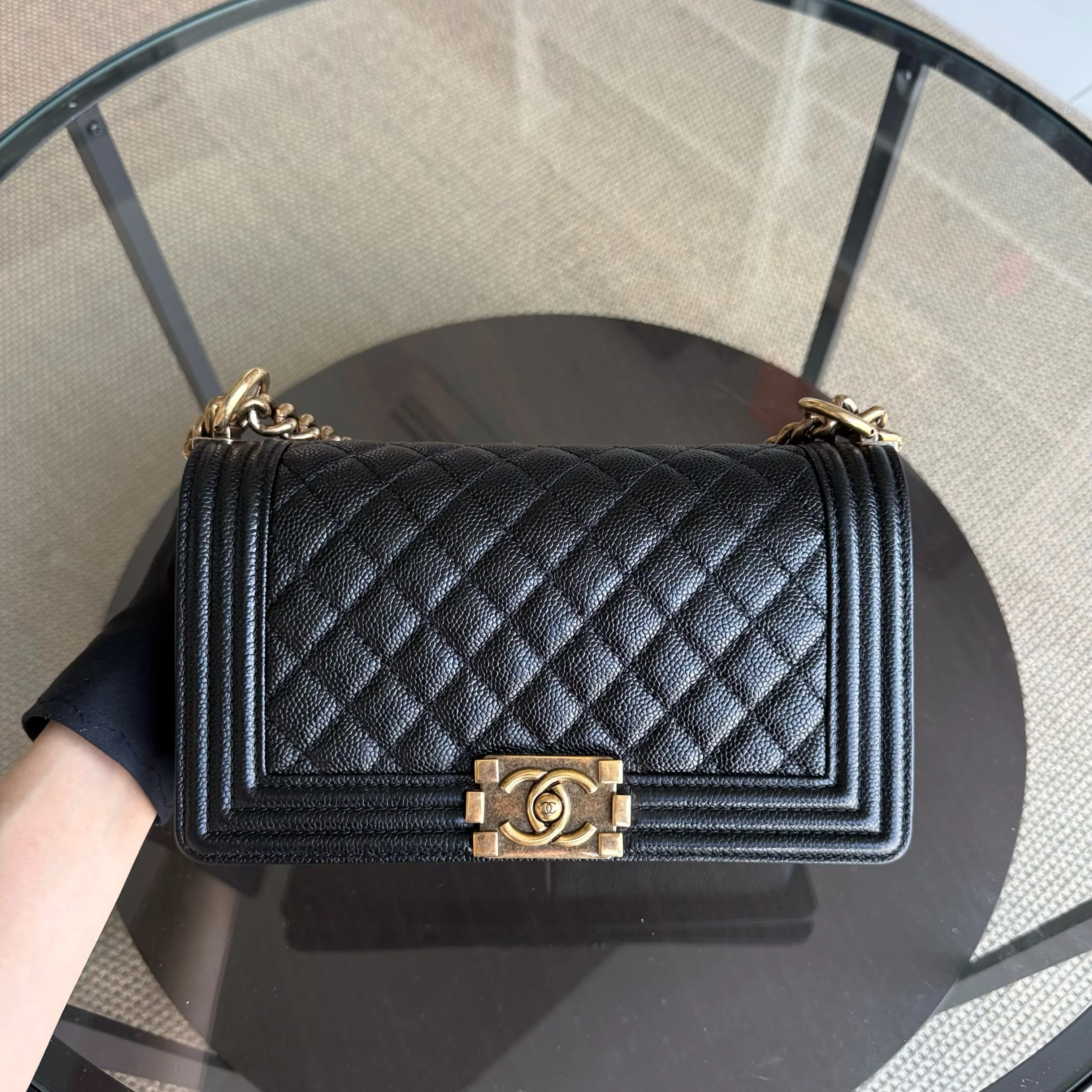 Chanel Boy Old Medium - Caivar Quilted Grained Calfskin Black Ruthenium Gold Hardware Series 19