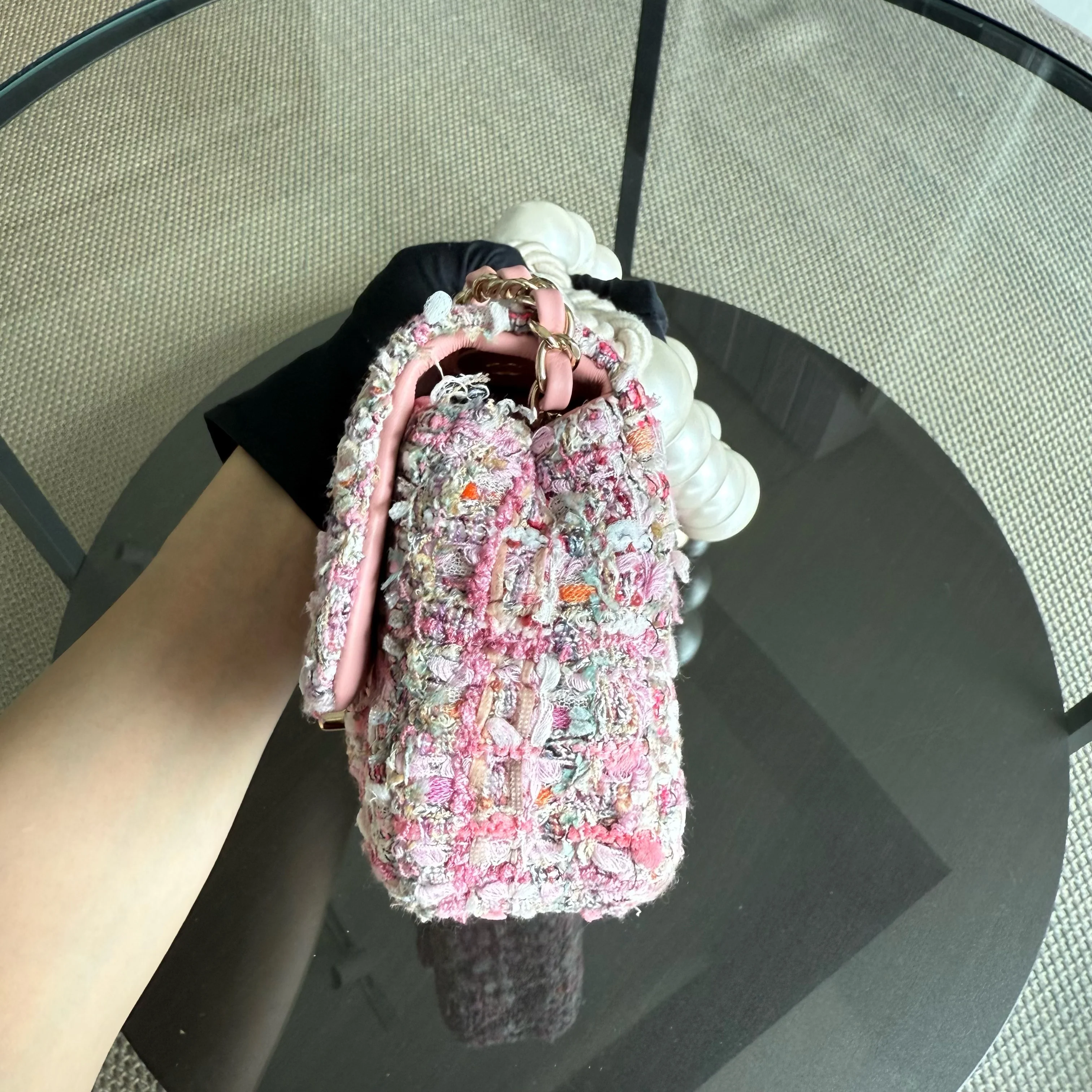 Chanel Classic Flap Mini Square Pearl Tweed - 20CM Pink Gold Hardware Series 27