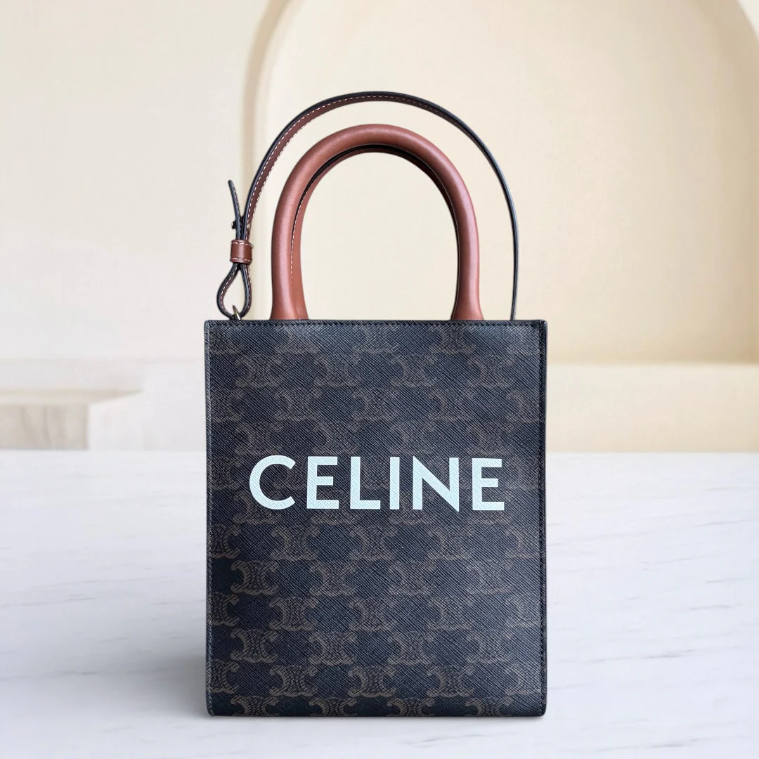 Celine Vertical Top Handle Bag Brown Coated Canvas Gold hardware