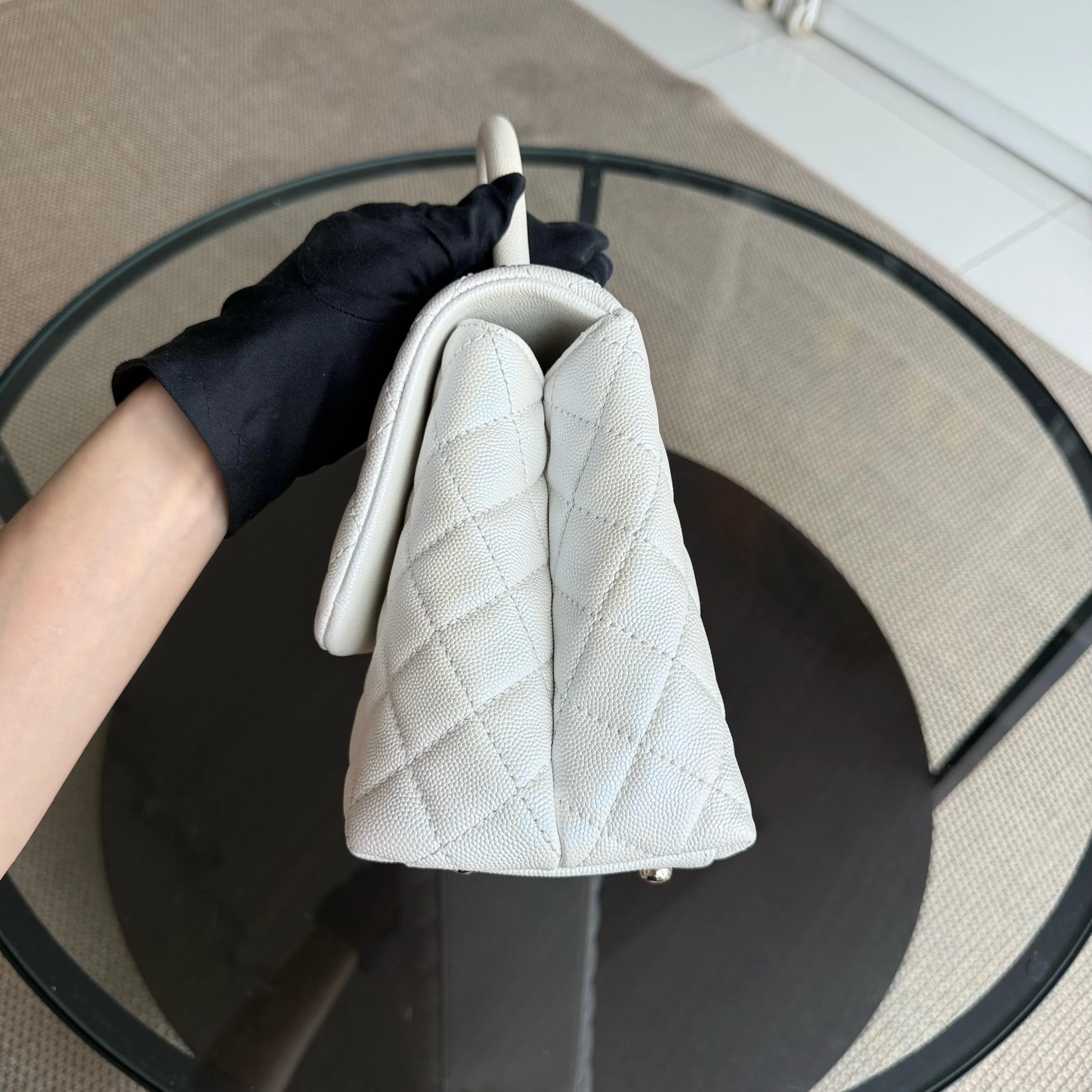 Chanel Coco Handle Medium - Caviar 29CM Quilted Irridescent Pearl White Gold Hardware Series 30