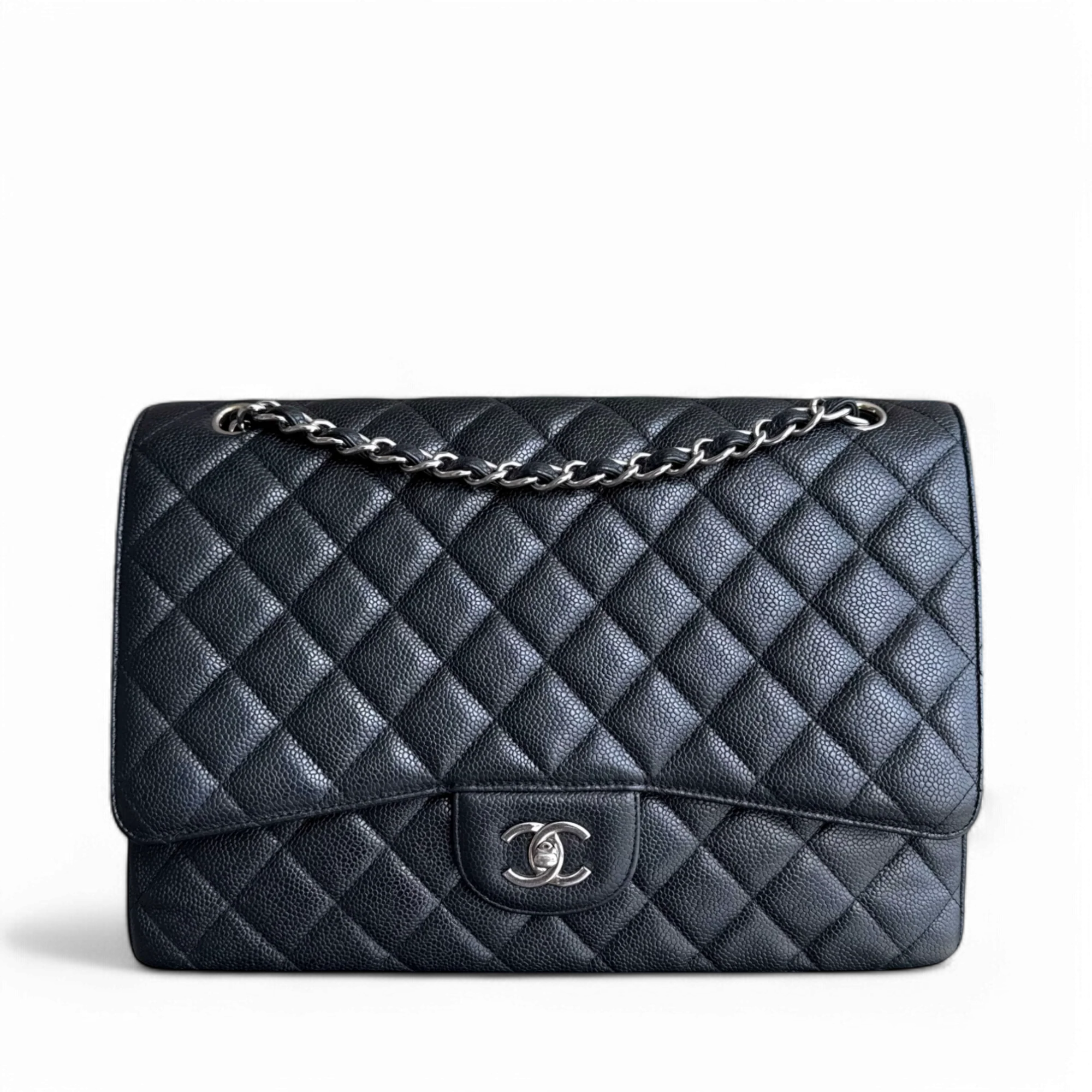 Chanel Classic Flap Maxi - Caviar 33CM Single Flap Quilted Black Silver Harware Series 13