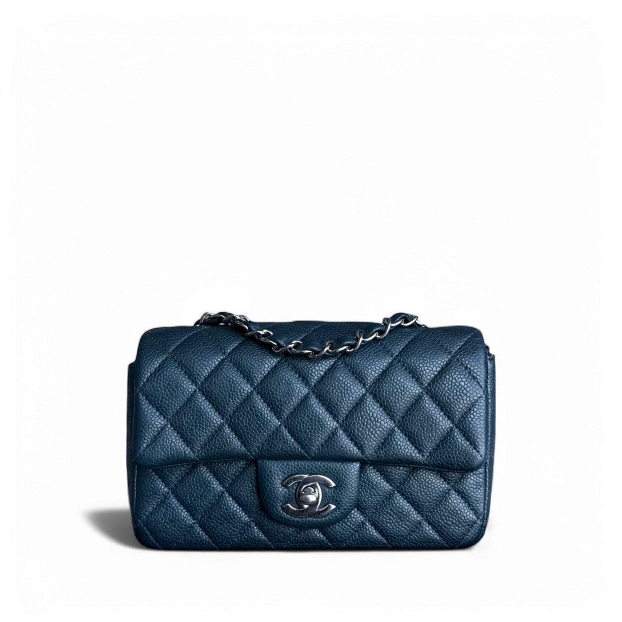 Chanel Classic Flap Mini - 20CM Caviar Quilted Dark Blue Green Silver Hardware Series 20