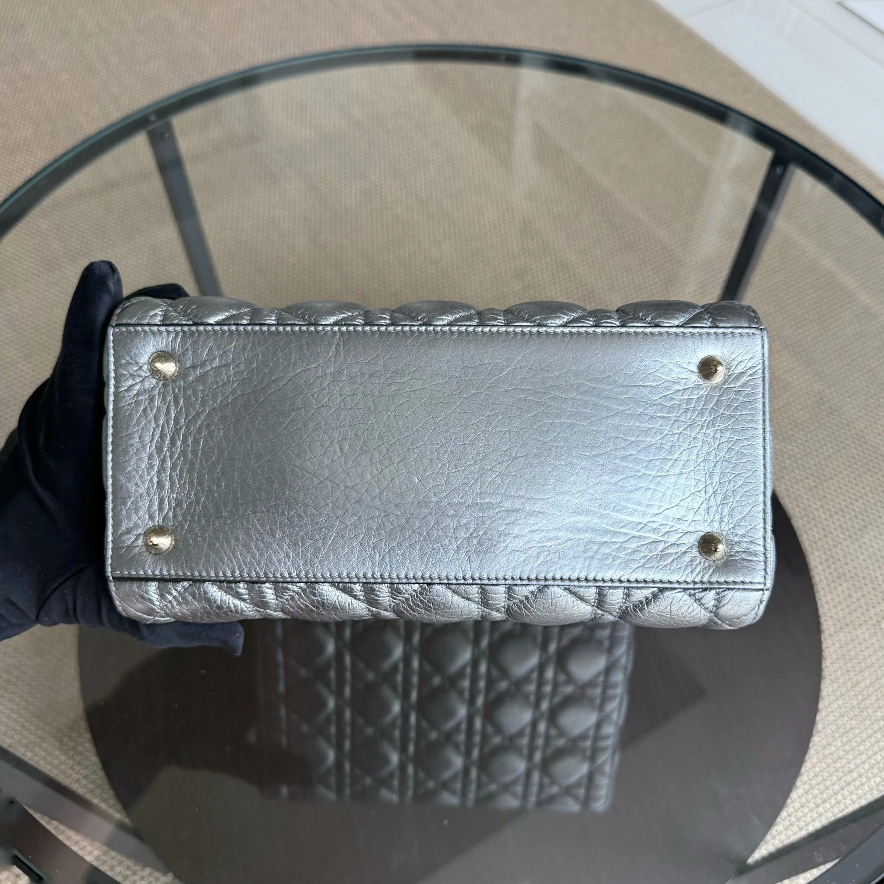 Dior Lady Medium Flap - Grained Calfskin Metallic Silver Gold Hardware Limited Edition