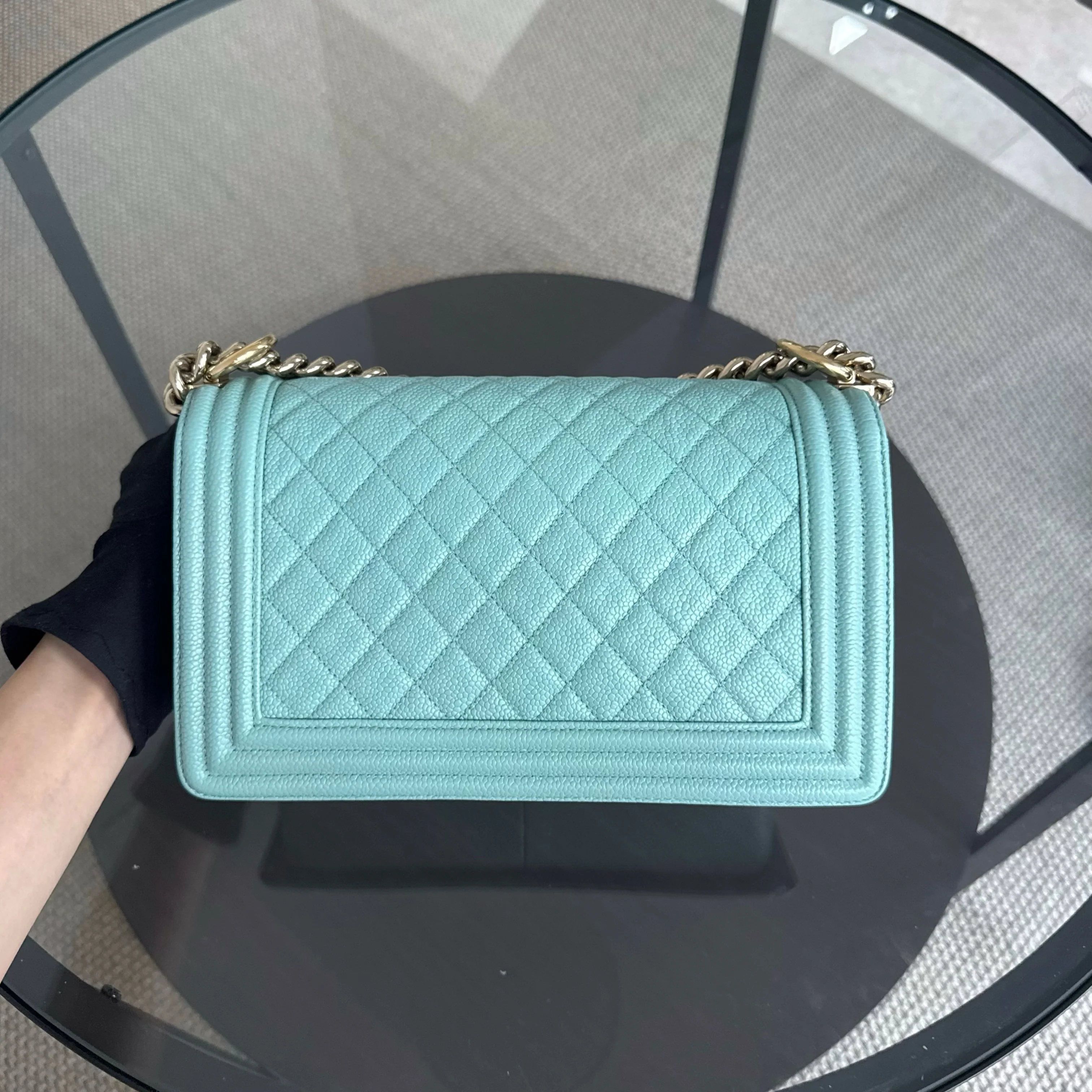 Chanel Boy Medium - 25CM Quilted Tiffany Blue Gold Hardware Series 29