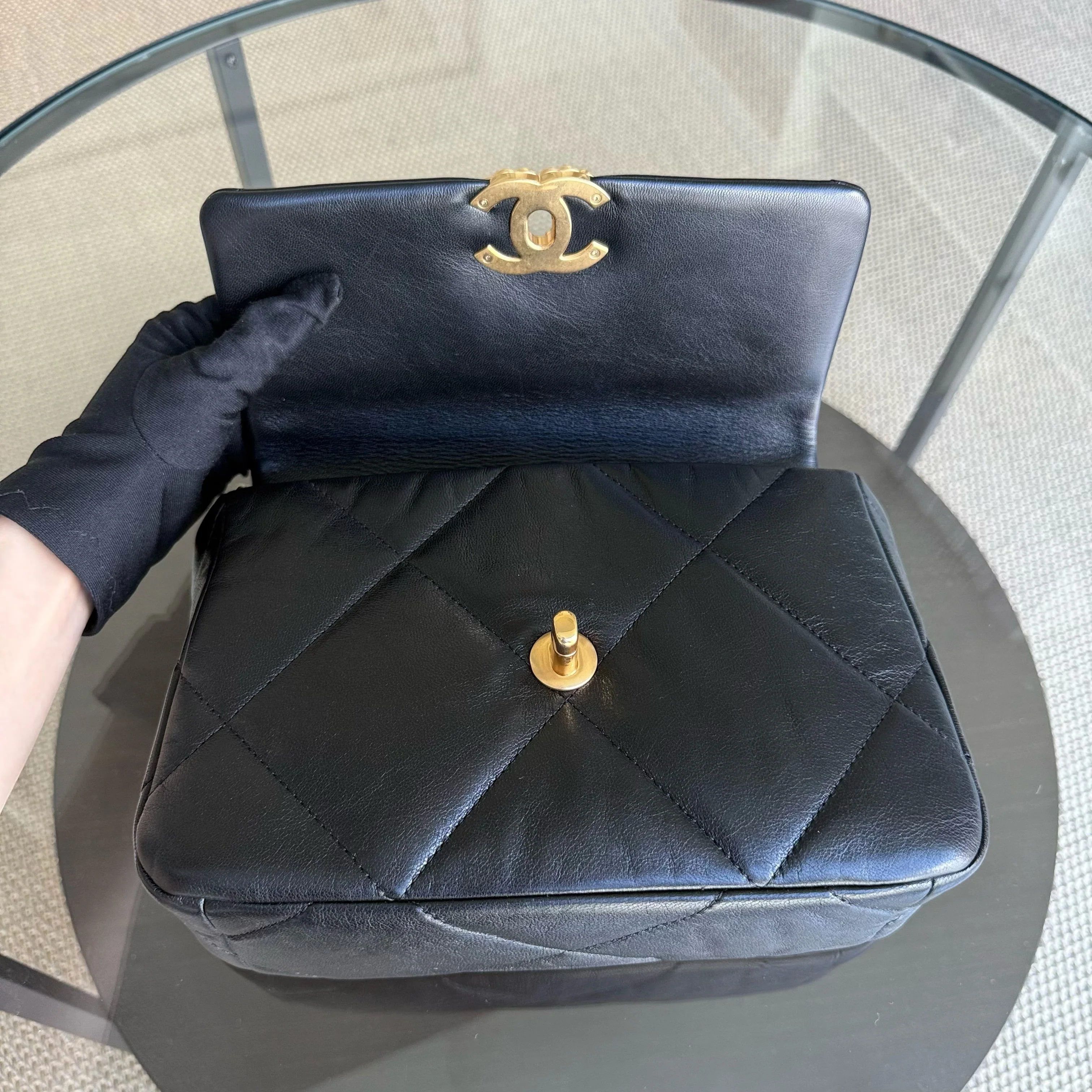 Chanel 19 Bag Small C19 - Quilted Goatskin Black Gold Two-tone Hardware Series 30