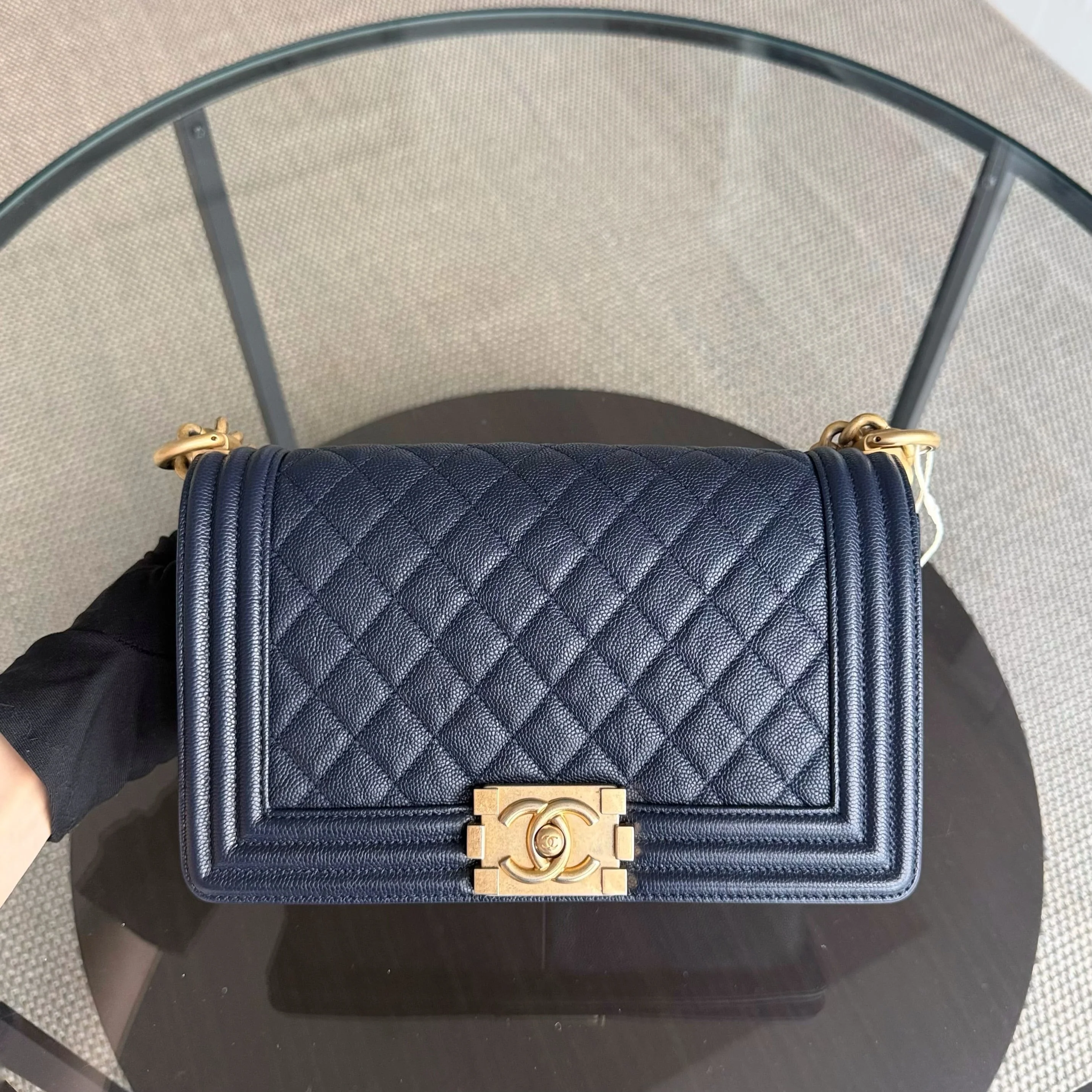 Chanel Boy Medium - Caviar 25CM Quilted Dark Blue Gold Hardware Series 25