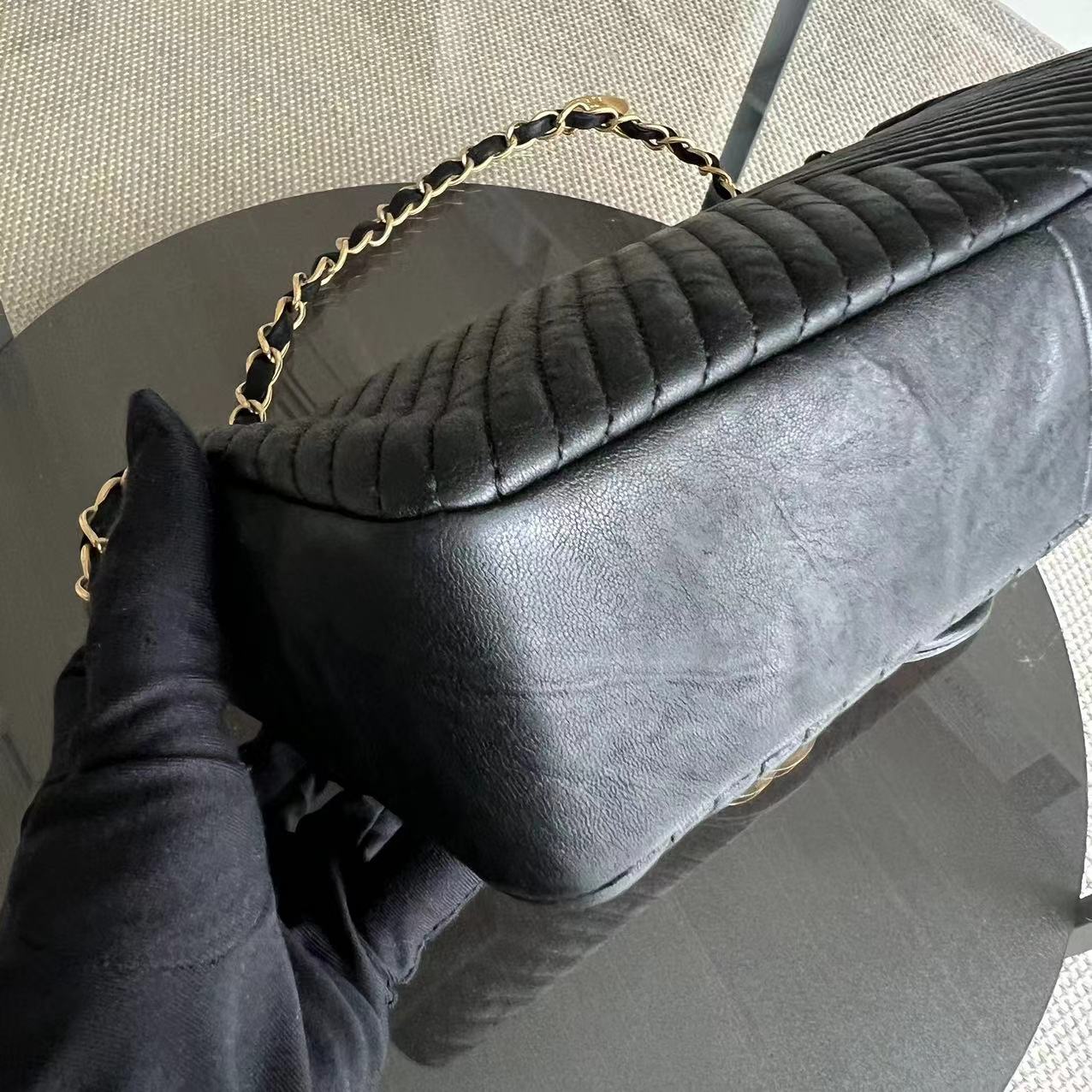 Chanel Herringbone - Medium Seasonal Flap Black Aged Calfskin Golden Hardware Series 19