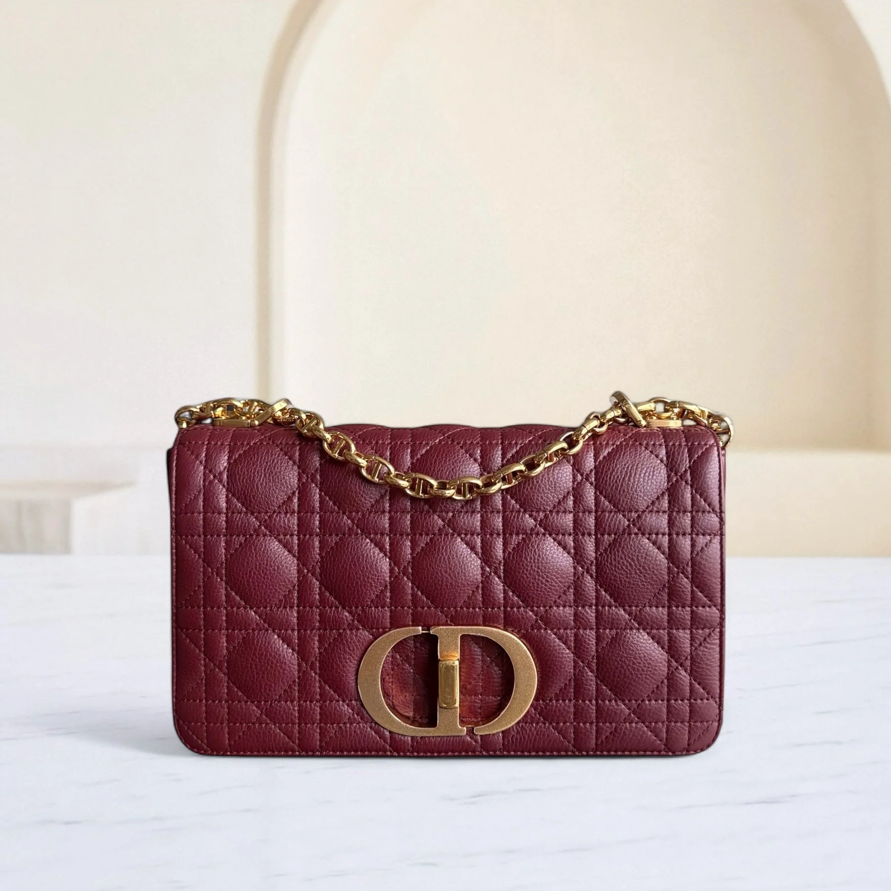 Dior Caro Medium - Cannage Calfskin Burgundy Red Gold Hardware