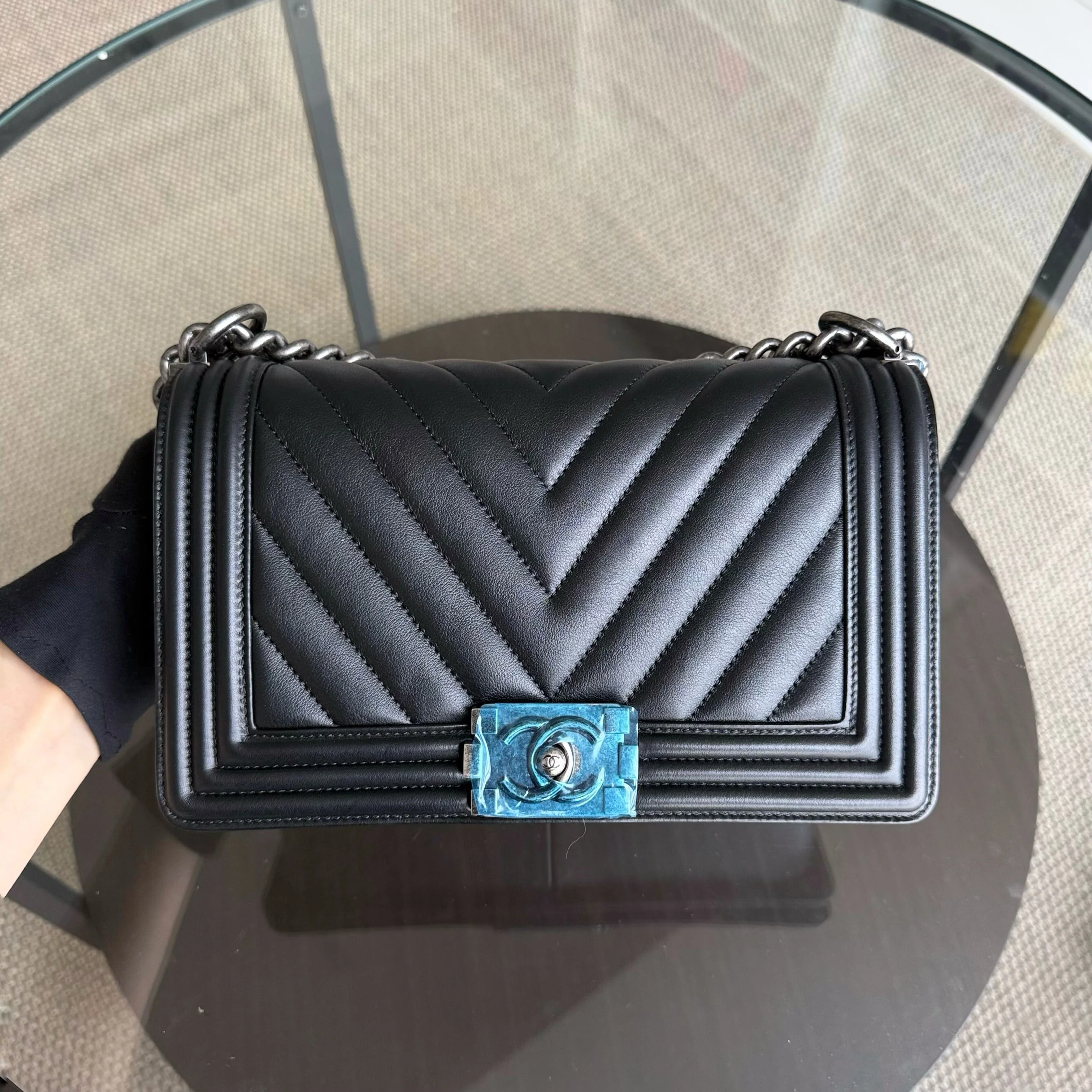 Chanel Boy Medium - 25CM Chevron Calfskin Black Ruthenium Silver Hardware