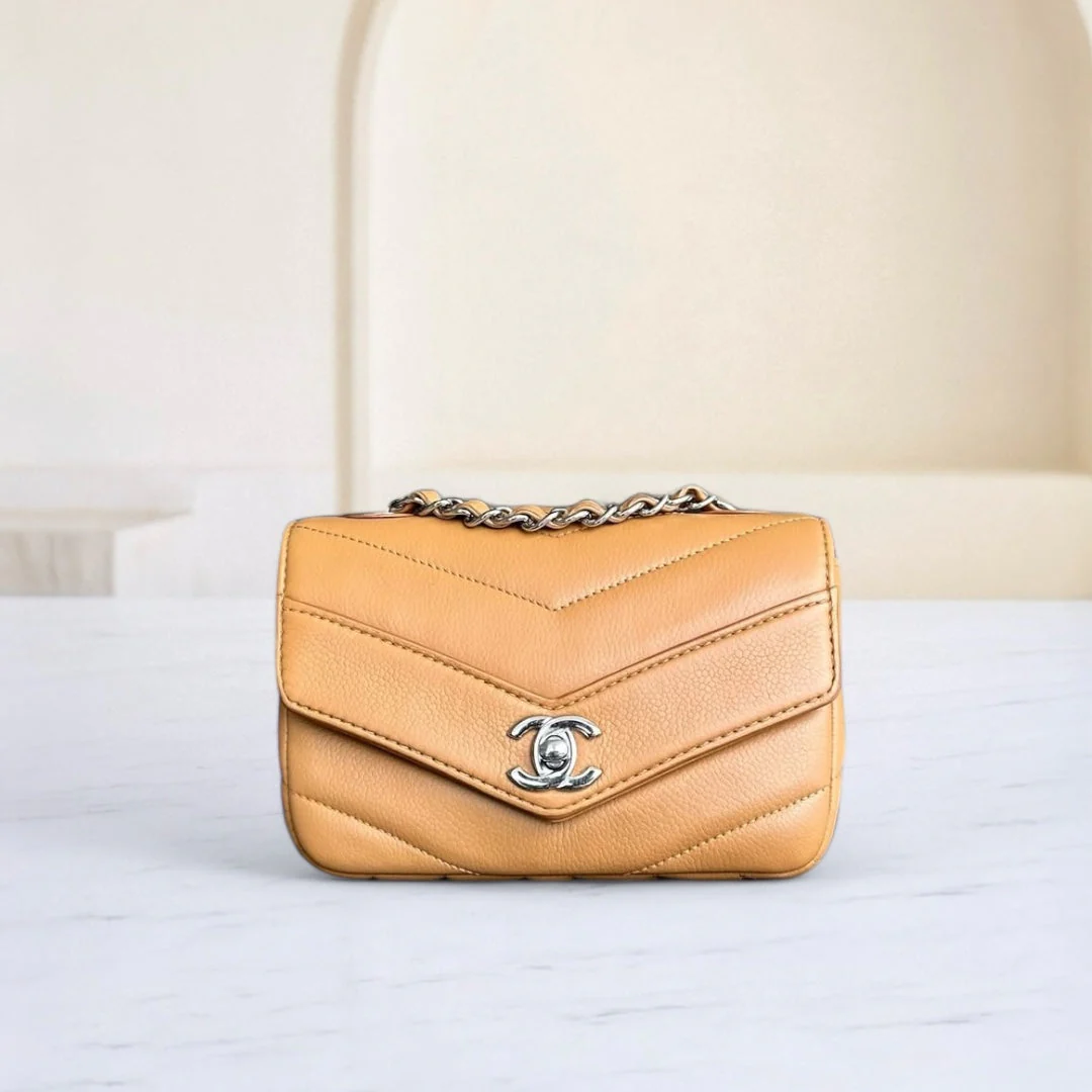 Chanel Mini Square Flap - Caviar V Stitch Chevron Seasonal Calfskin Light Brown SHW No 24