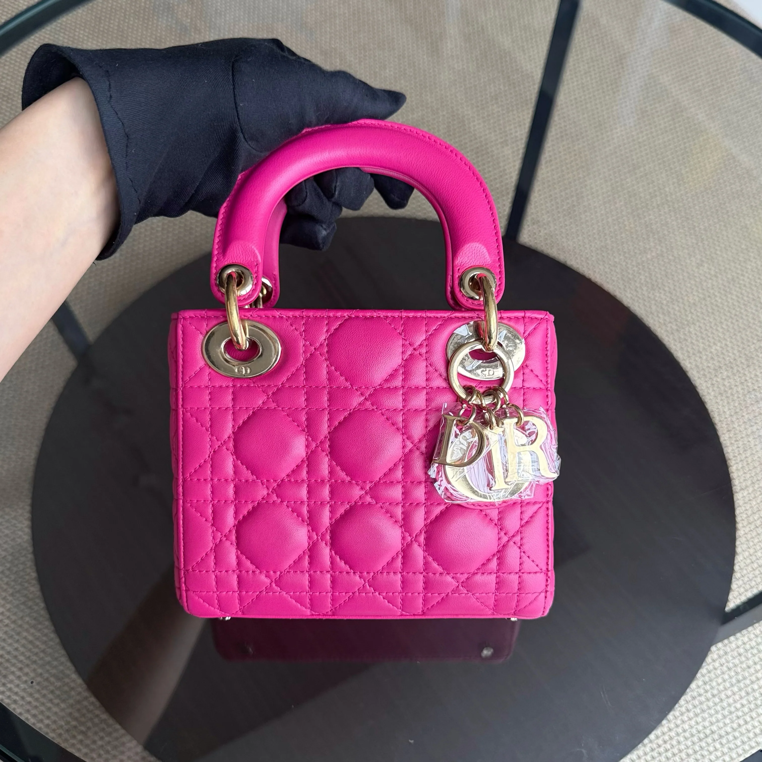 Dior Lady Mini - Cannage Lambskin Hot Pink Gold Hardware Adjustable Strap