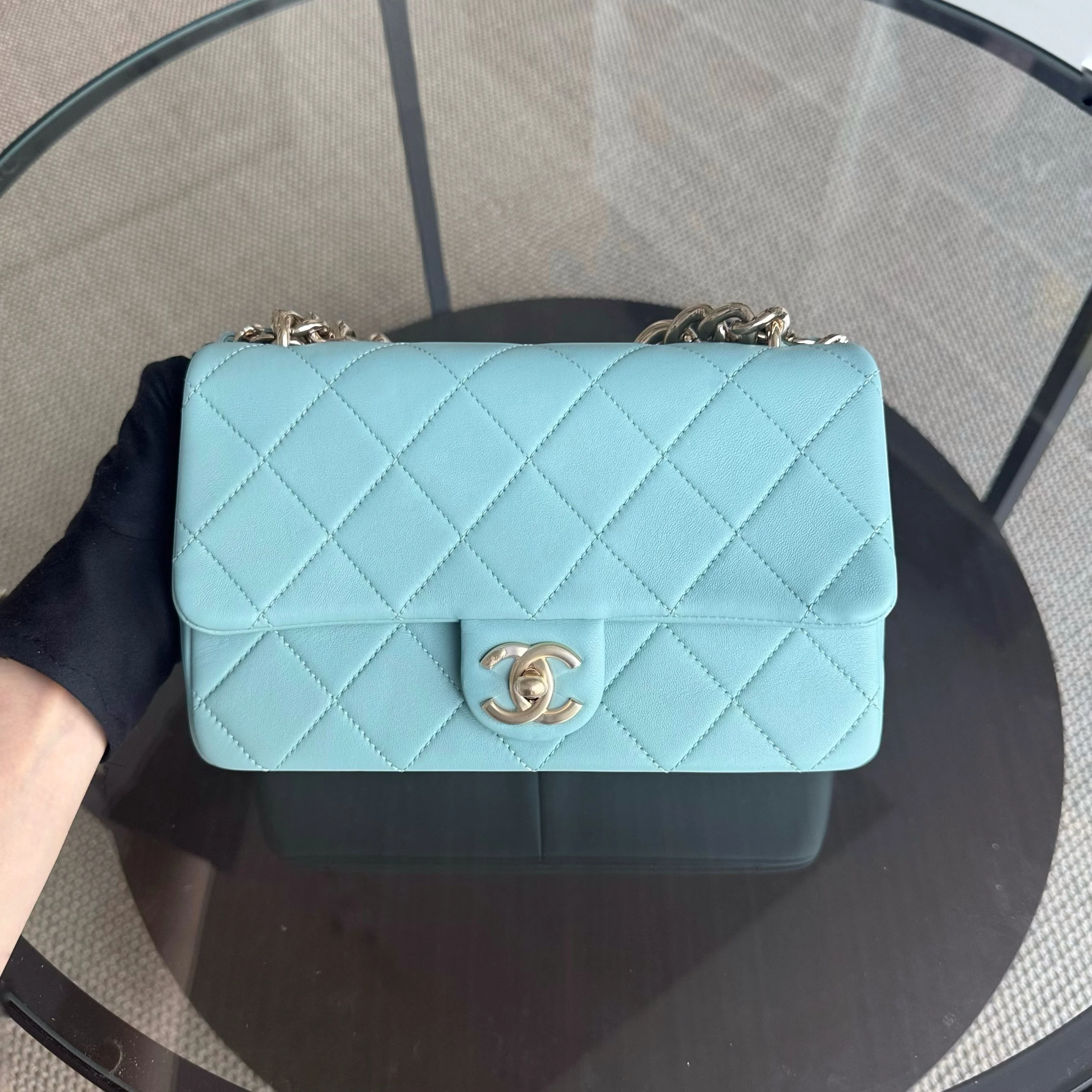 Chanel 2020 Elegant Resin Chain Seasonal Flap - Quilted Lambskin Tiffany Blue GHW No 29
