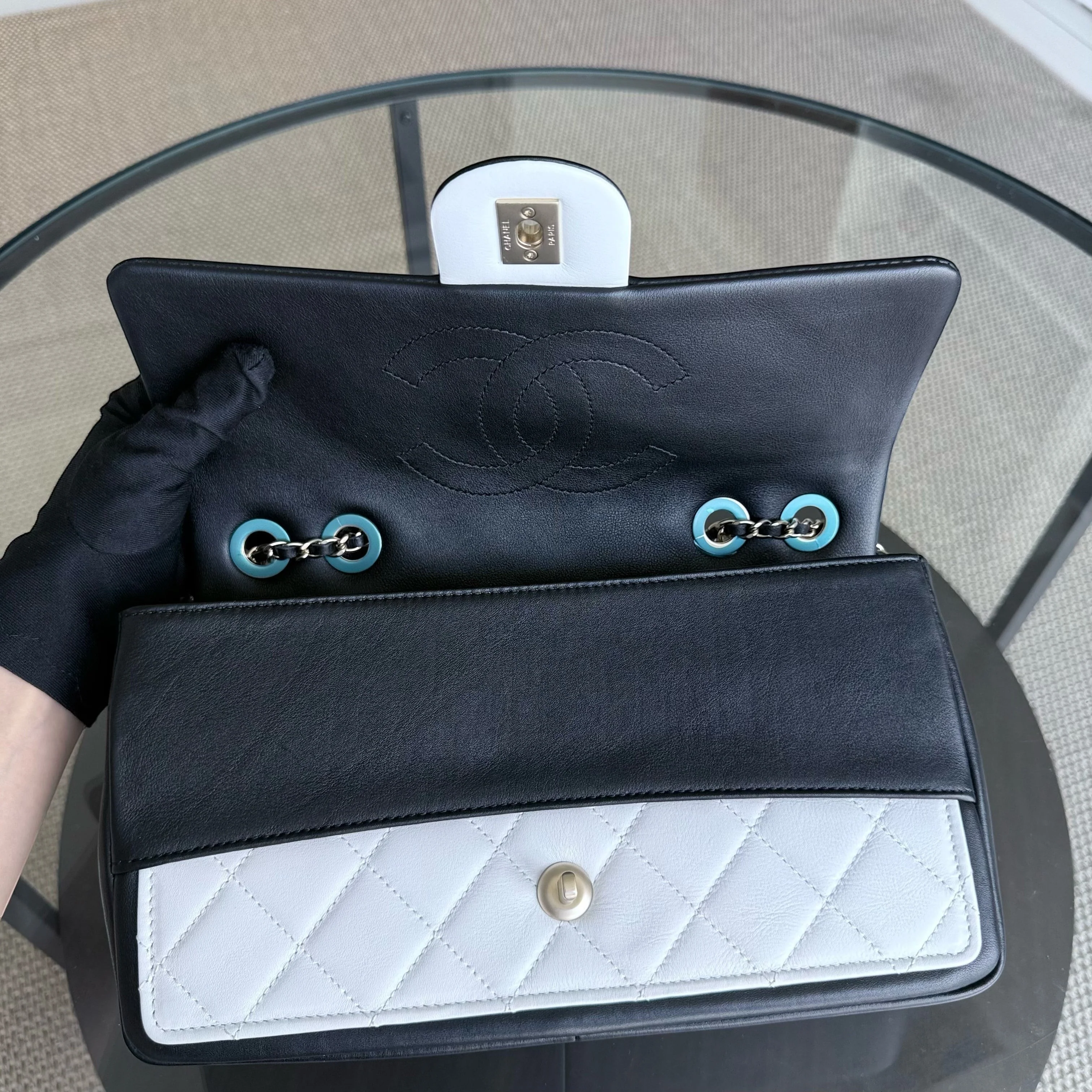 Chanel Seasonal Flap - 25CM Quilted Lambskin Bi-Color White Black Gold Hardware