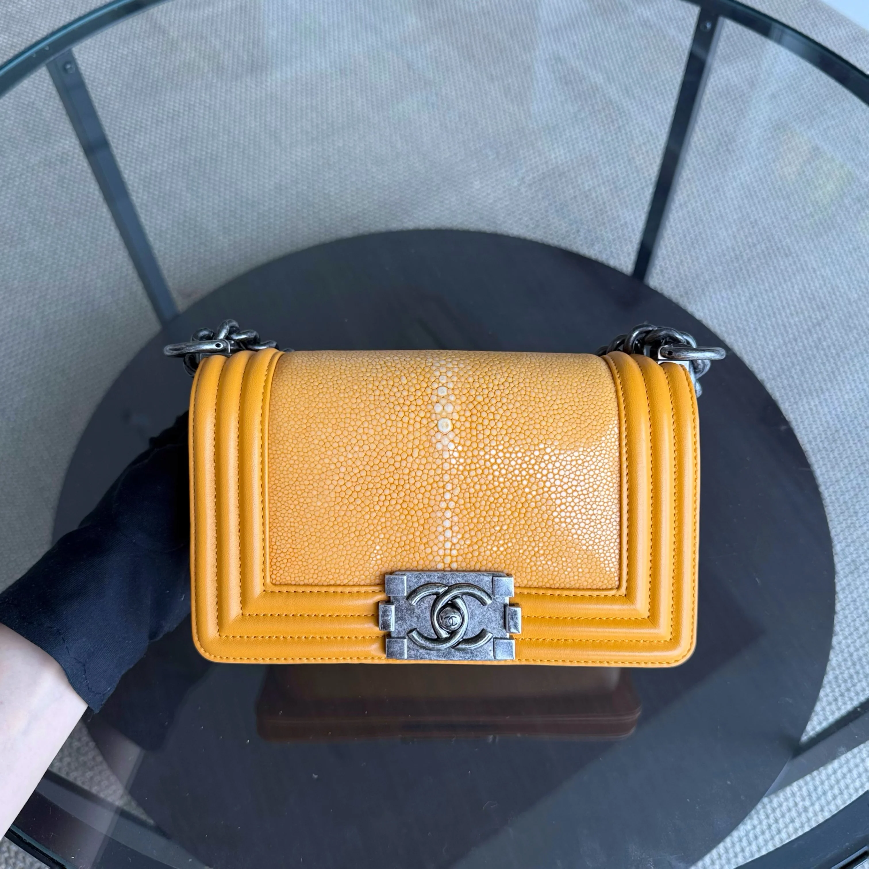 Chanel Boy Small - Small Stingray Yellow Mustard Ruthenium Silver Hardware Series 21