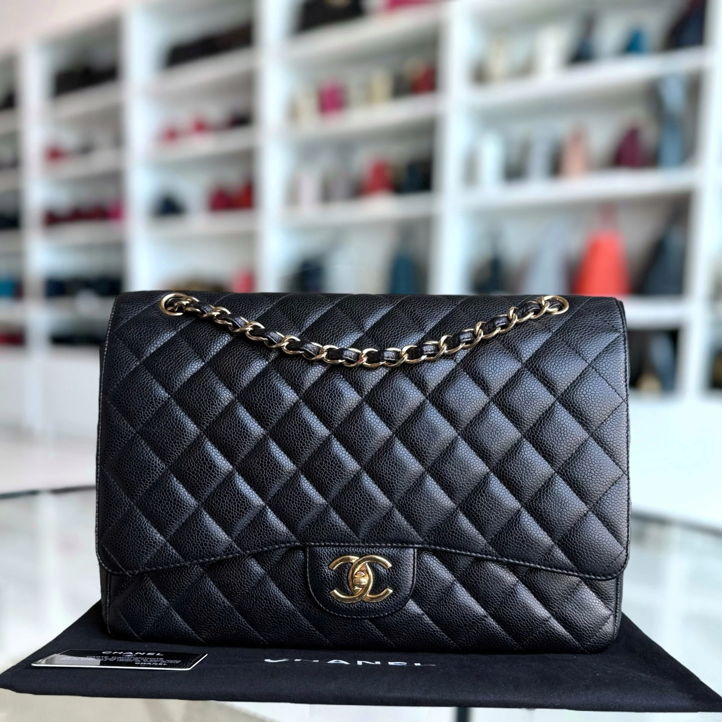 Chanel Classic Flap Maxi - Caviar Double Flap 33CM Quilted Black Gold Hardware Series 15