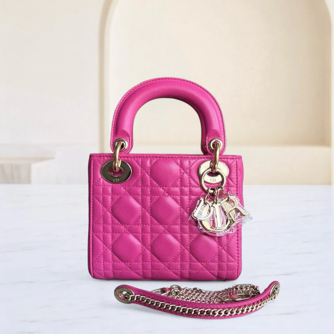 Dior Lady Mini - Cannage Lambskin Hot Pink Gold Hardware Chain Strap