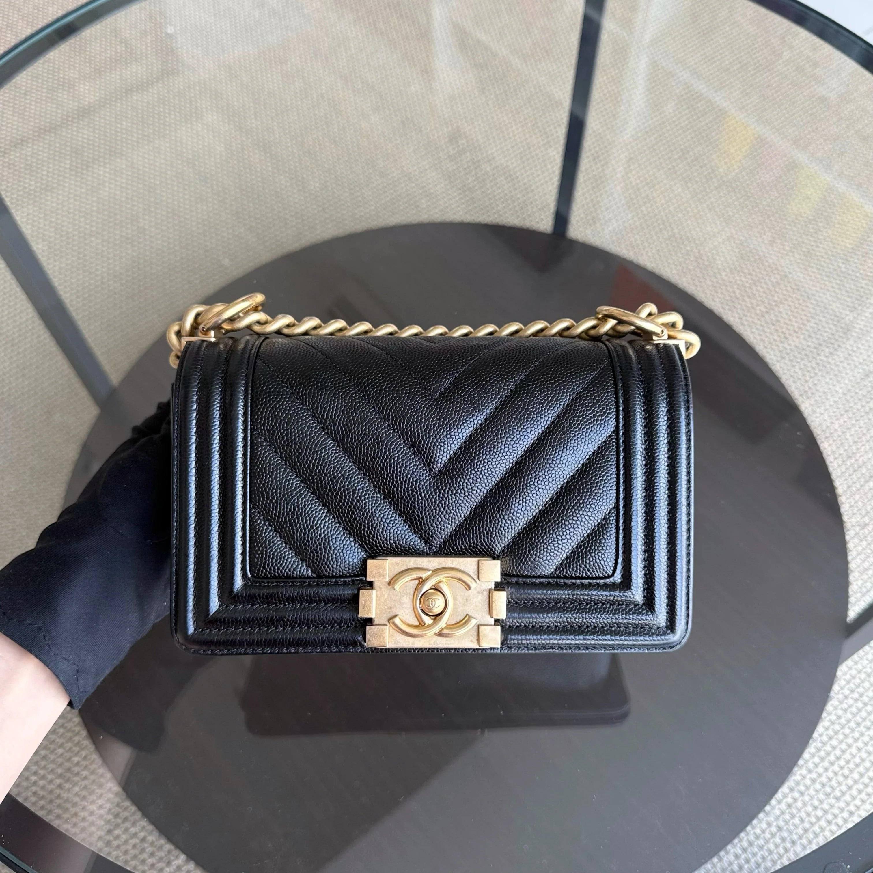 Chanel Boy Small - Caviar 20CM Chevron Black Gold Hardware Series 24