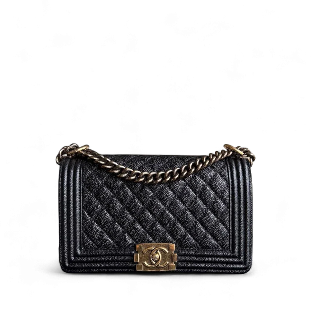 Chanel Boy Medium - Caviar 25CM Quilted Grained Calfskin Black Gold Hardware Series 19