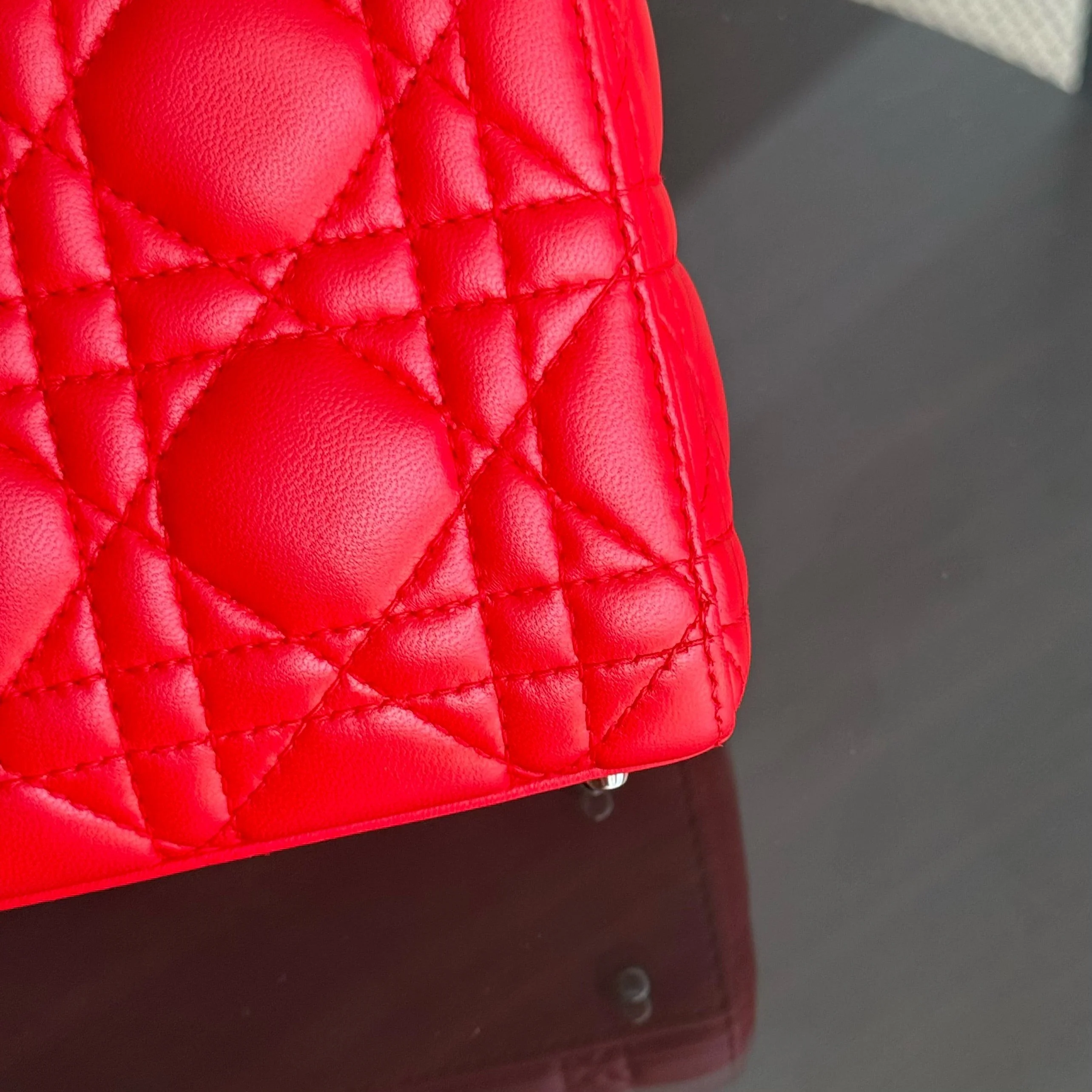 Dior Lady Mini - Cannage Lambskin Red Silver Hardware Adjustable Strap