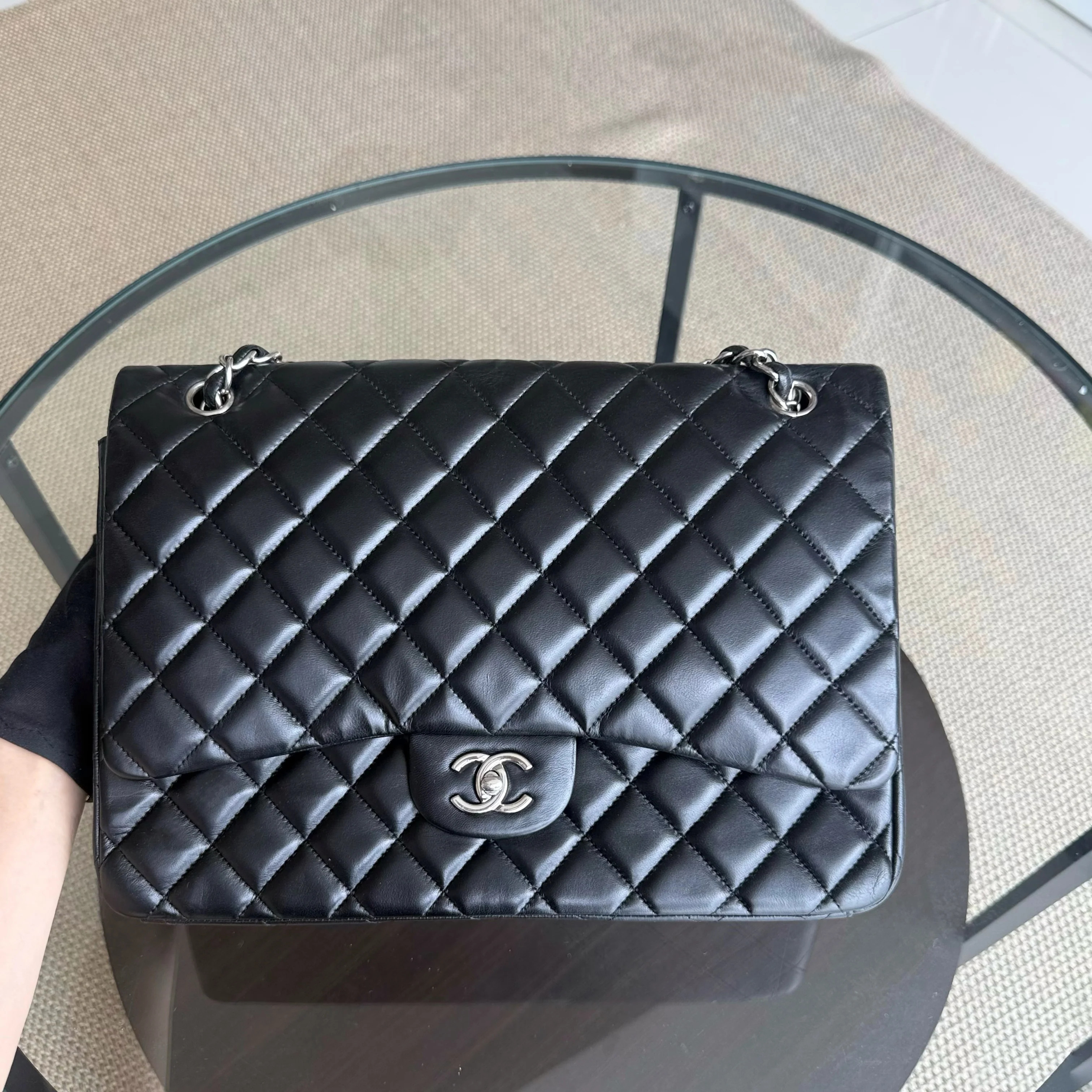 Chanel Classic Flap Maxi - 33CM Quilted Single Flap Lambskin Black Silver Hardware Series 13
