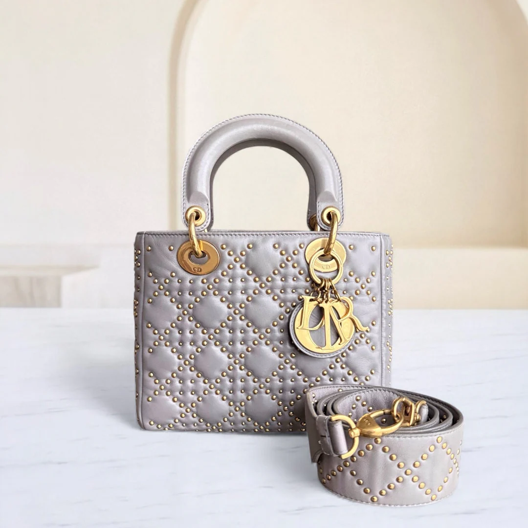 Dior Lady Small - Studded Lambskin Cannage Grey Gray Gold Hardware