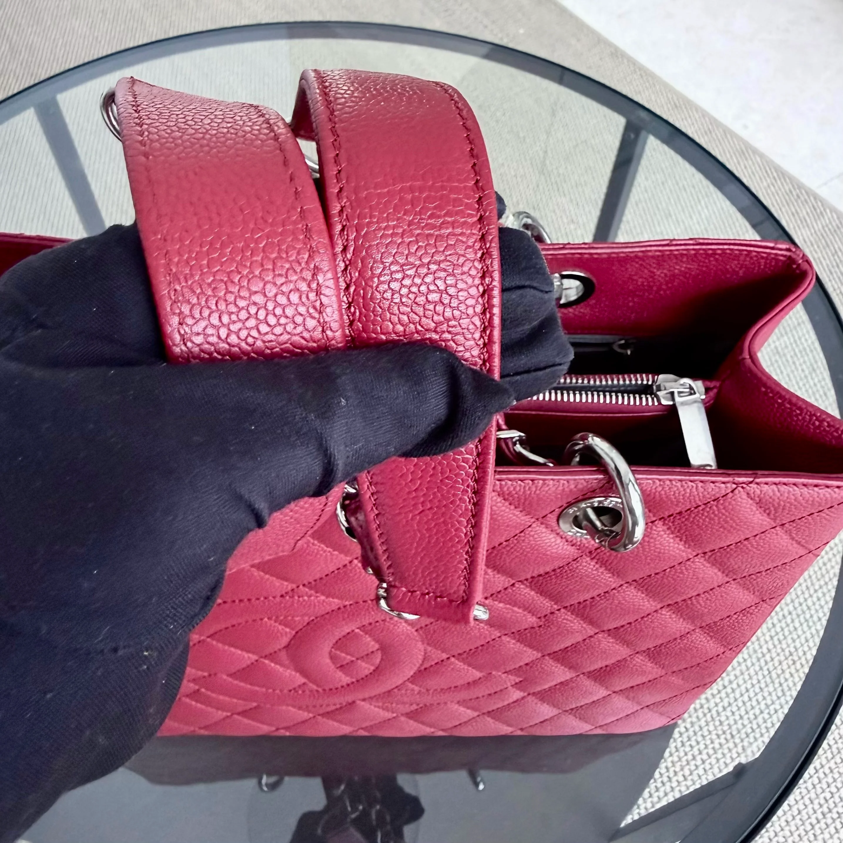Chanel GST Grand Shopping Tote - Caviar Quilted Dark Red Silver Hardware