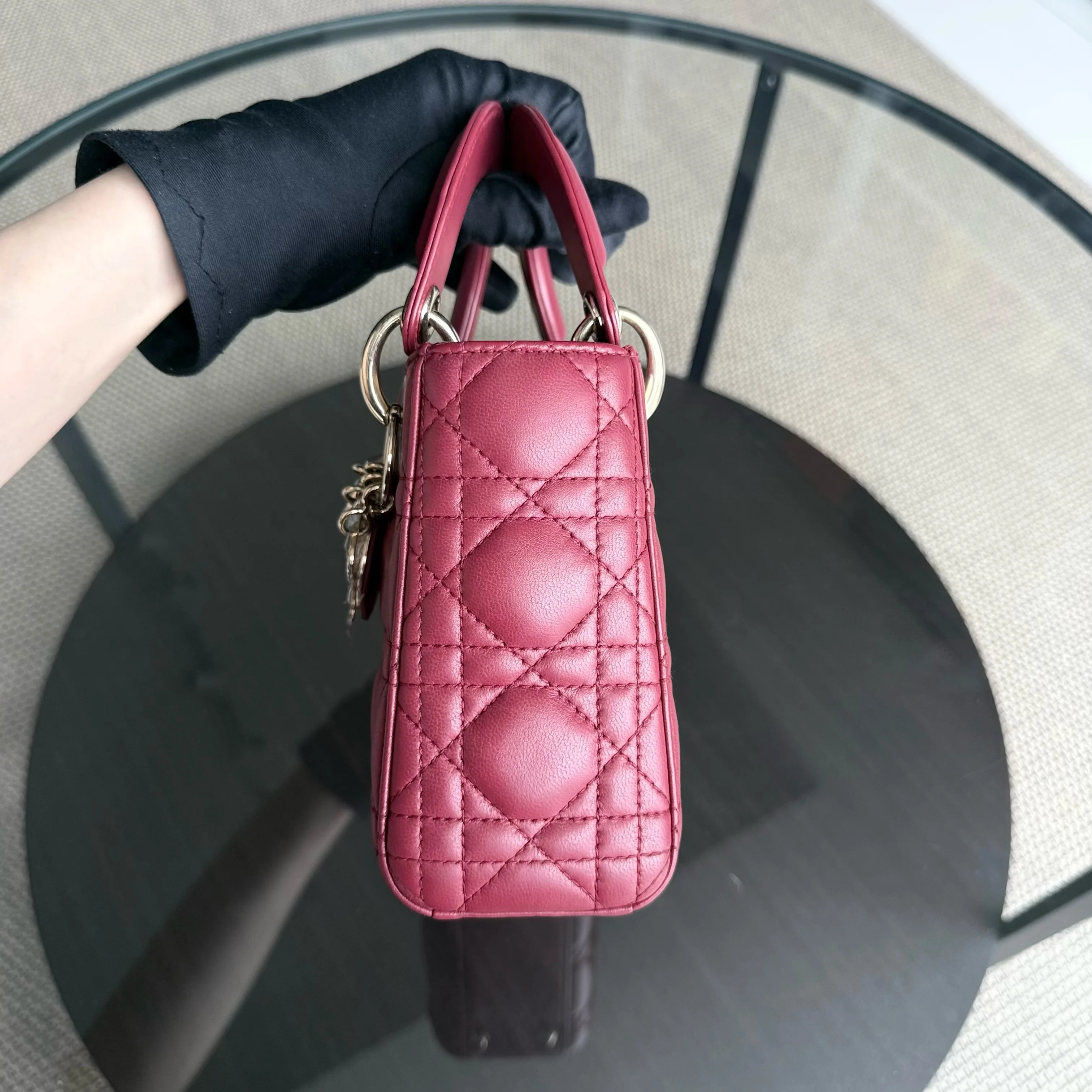 Dior Lady Mini - Cannage Lambskin Dark Red Gold Hardware Chain Strap