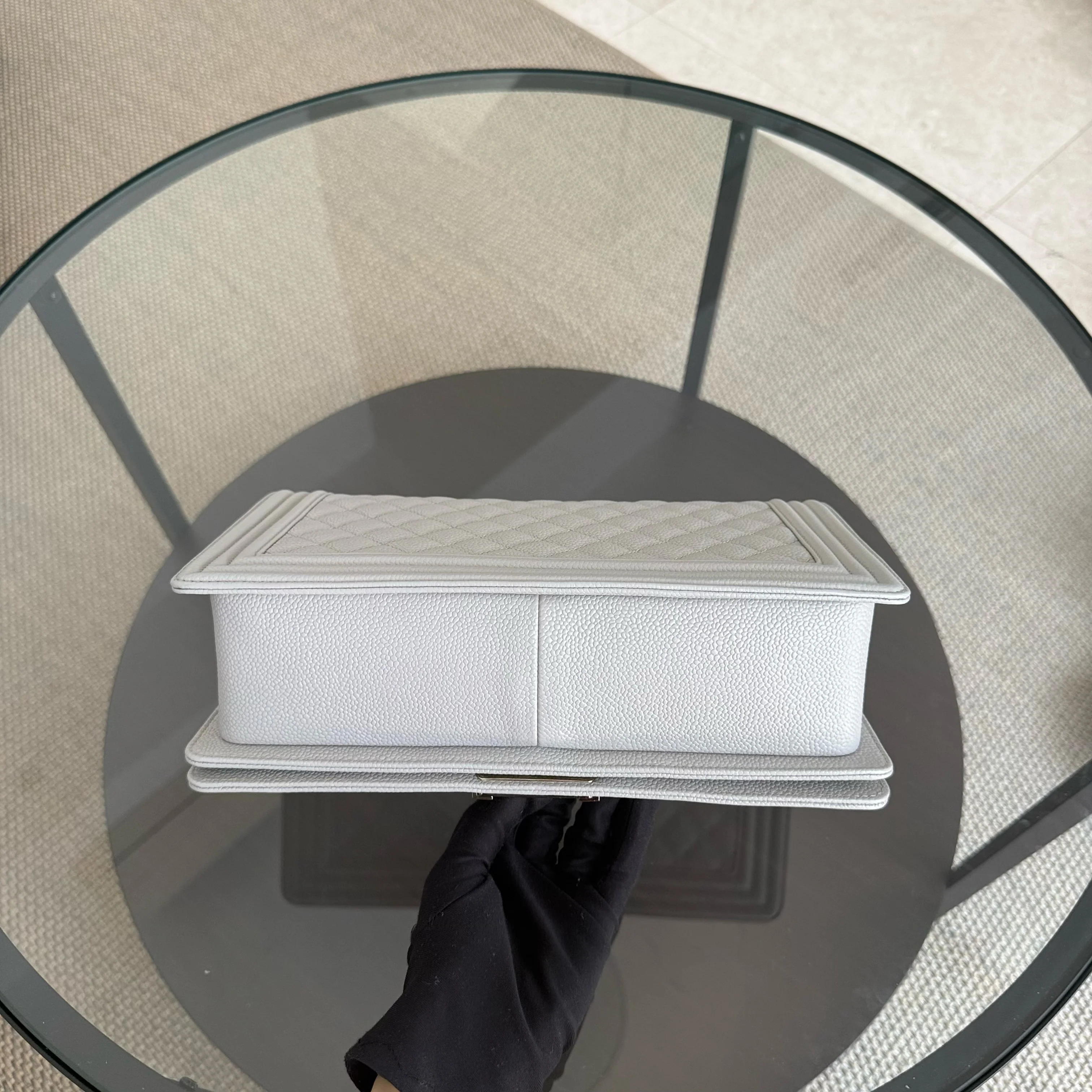 Chanel Boy New Medium - 28CM Quilted Caviar Grey Gray Gold Hardware Series 28