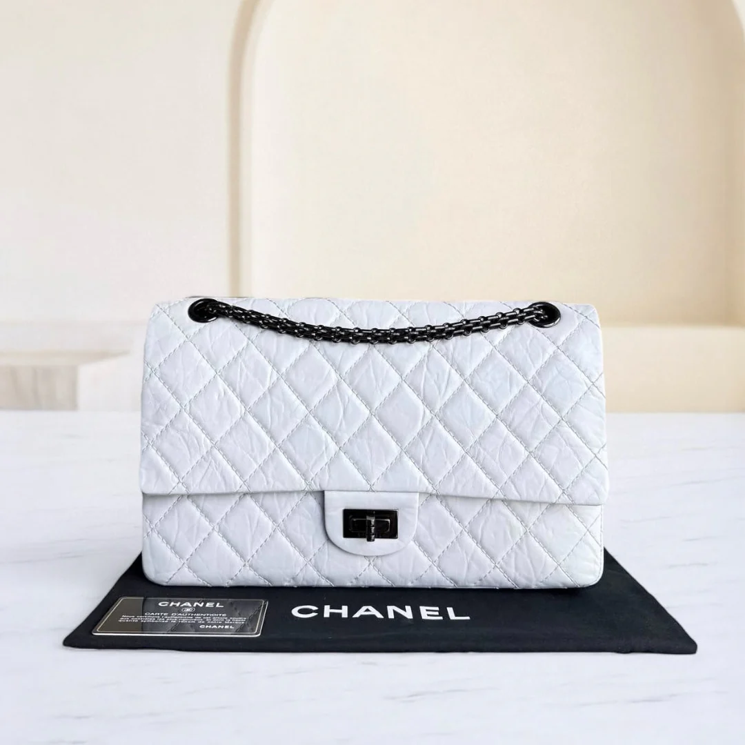 Chanel 2.55 Reissue 226 - Quilted Aged Calfskin White Ruthenium Black Hardware Series 12