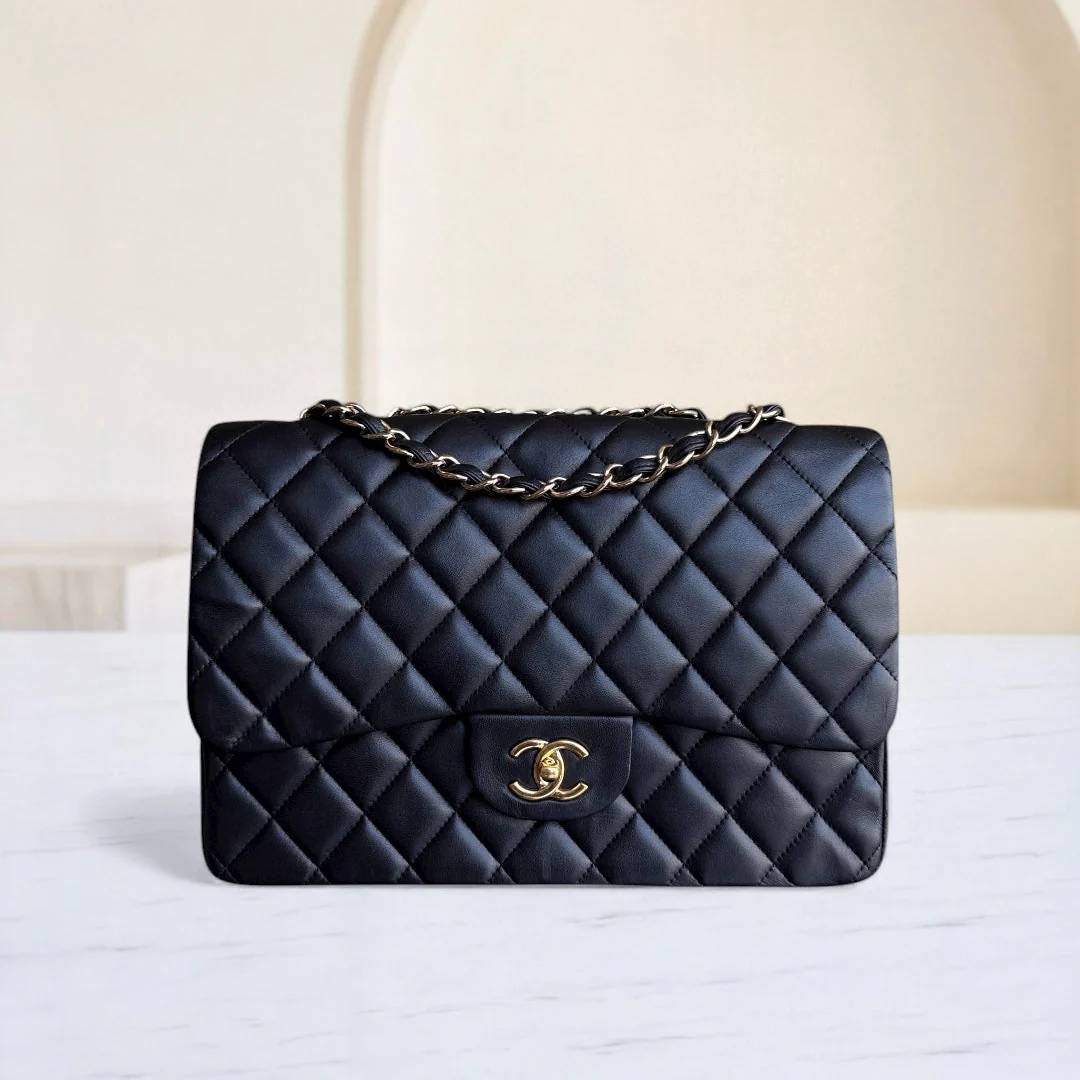 Chanel Classic Flap Jumbo - 30CM Single Flap Quilted Lambskin Black Gold Hardware Series 13