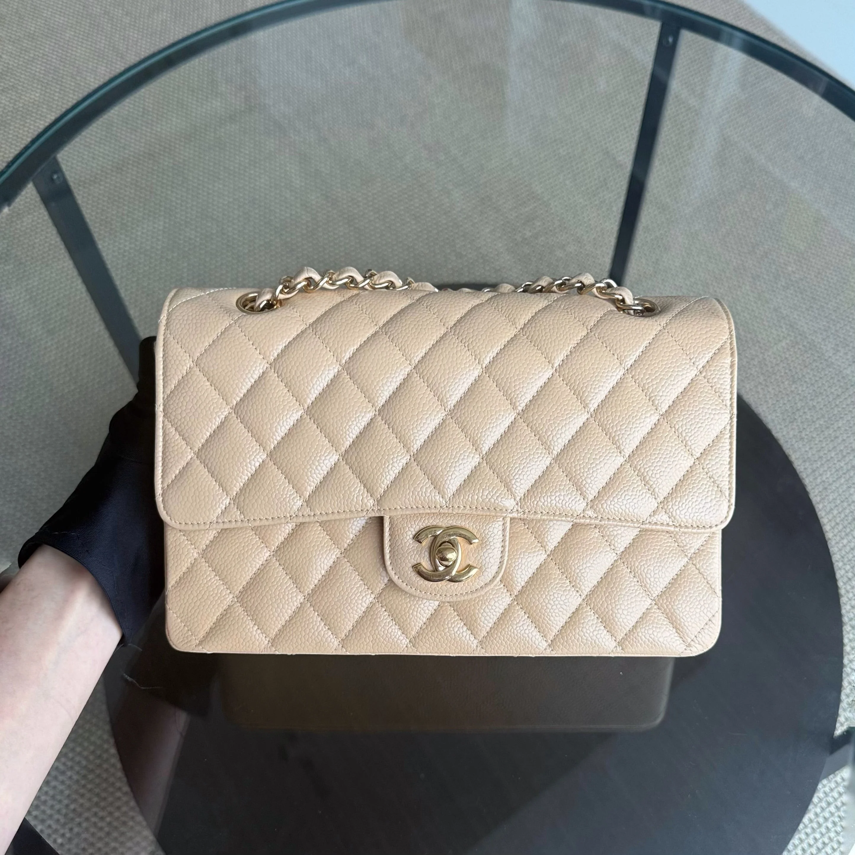 Chanel Classic Flap Medium - Caviar 25CM Quilted Grained Calfskin Beige Gold Hardware Series 14