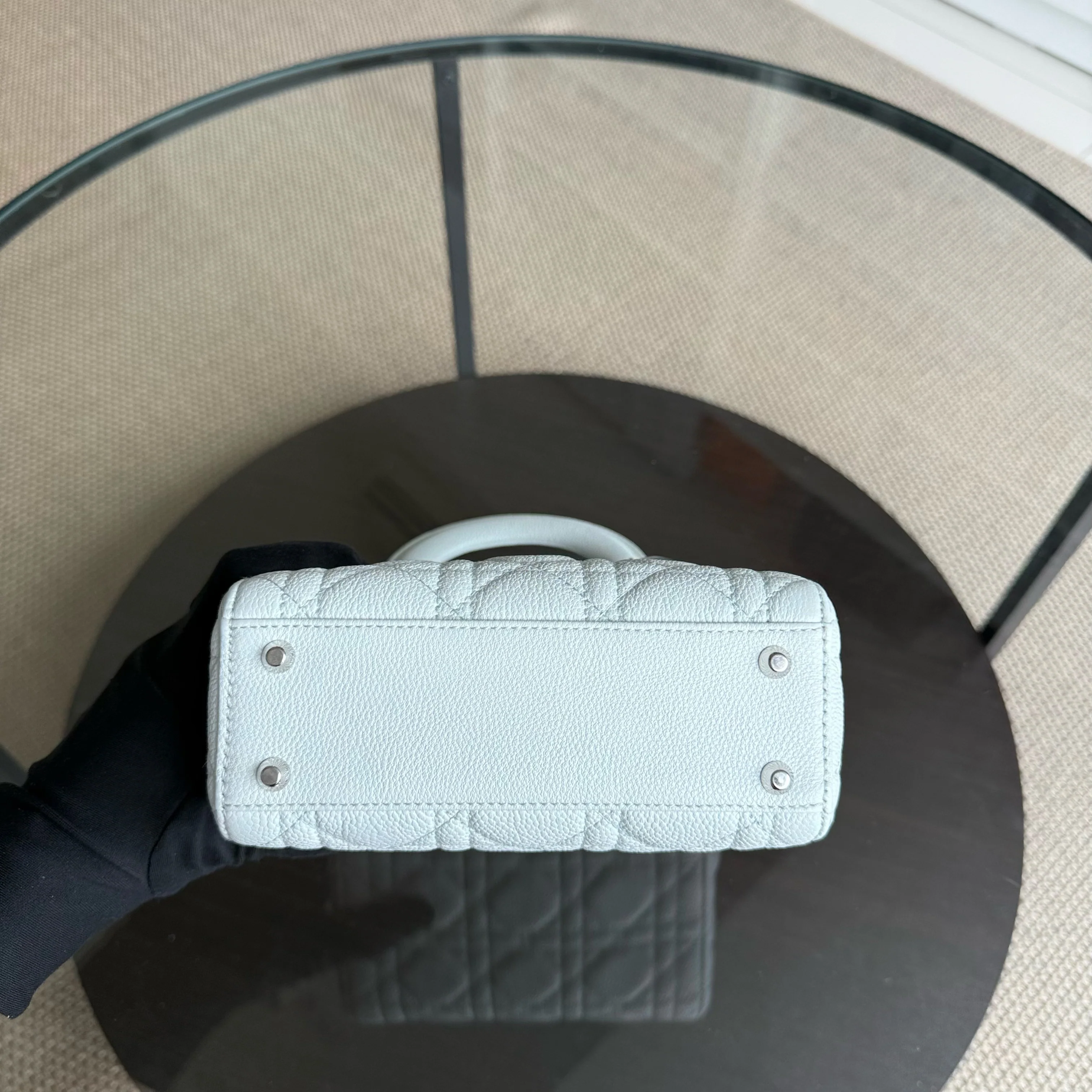 Dior Lady Mini - Grained Calfskin Cannage Glacier White Silver Hardware