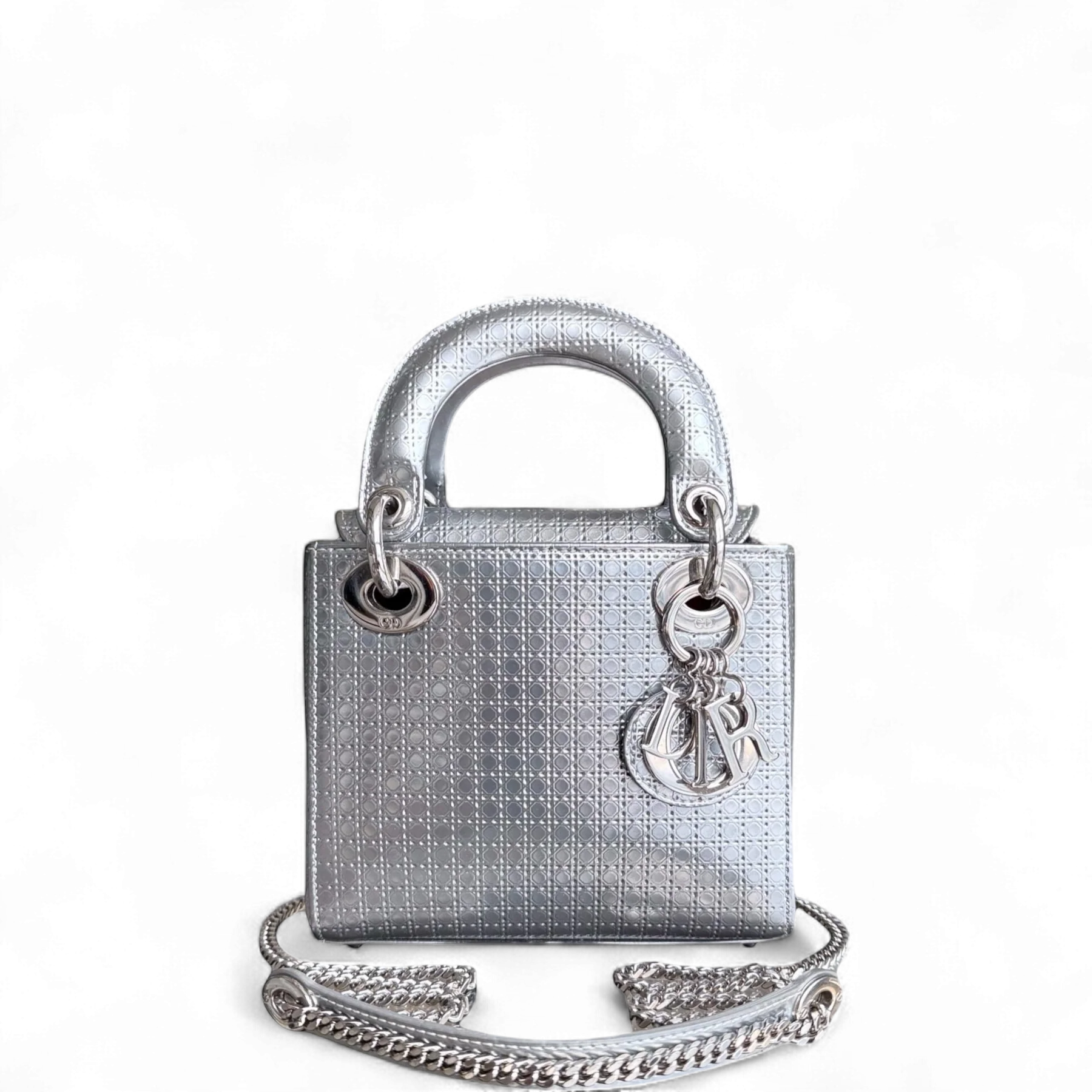 Dior Lady Mini - Metallic Calfskin Micro Cannage Silver Hardware Chain strap
