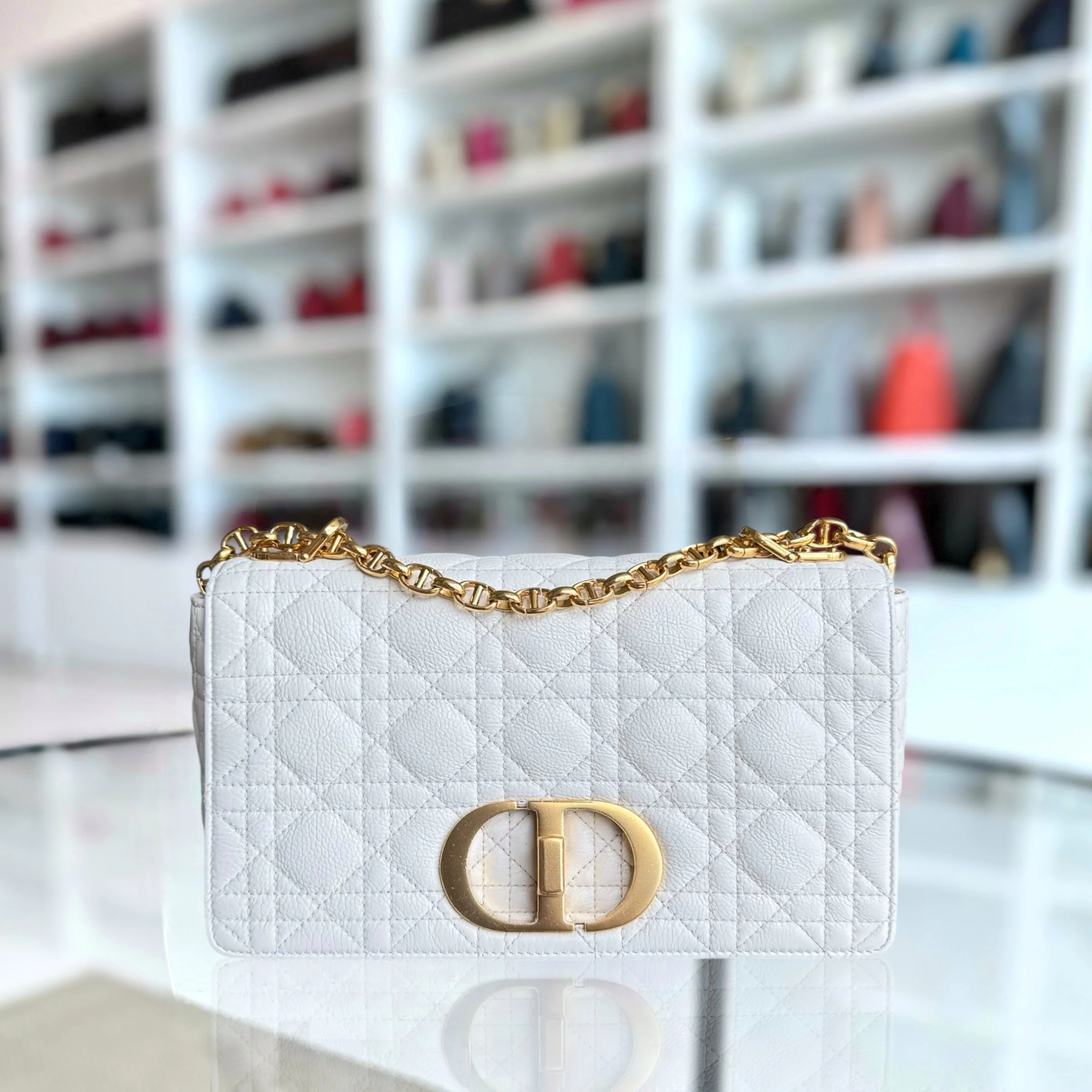 Dior Caro Medium - Cannage Grained Calfskin White Gold Hardware