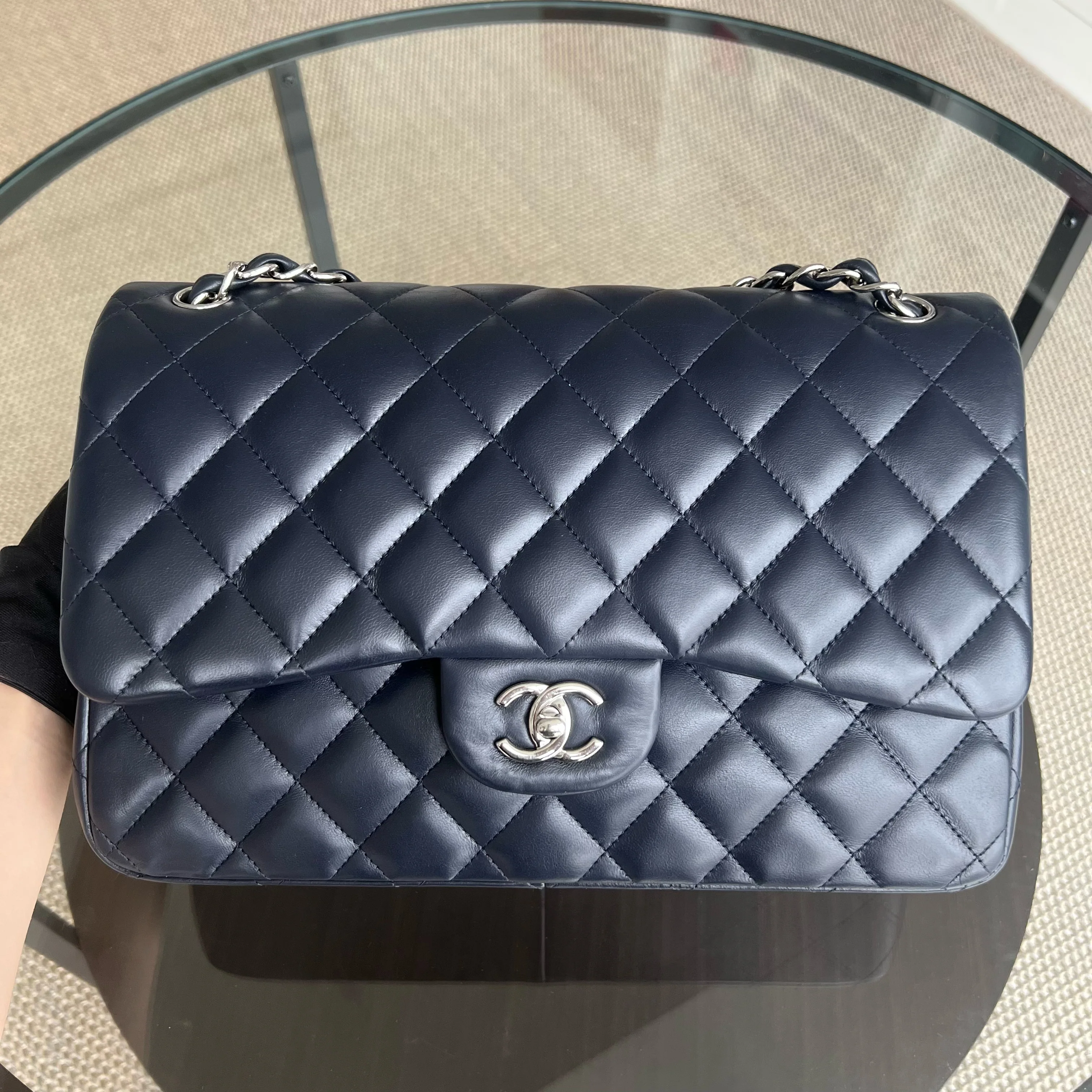 Chanel Classic Flap Jumbo - Double Flap Lambskin 30CM Quilted Dark Navy Blue Silver Hardware Series 23