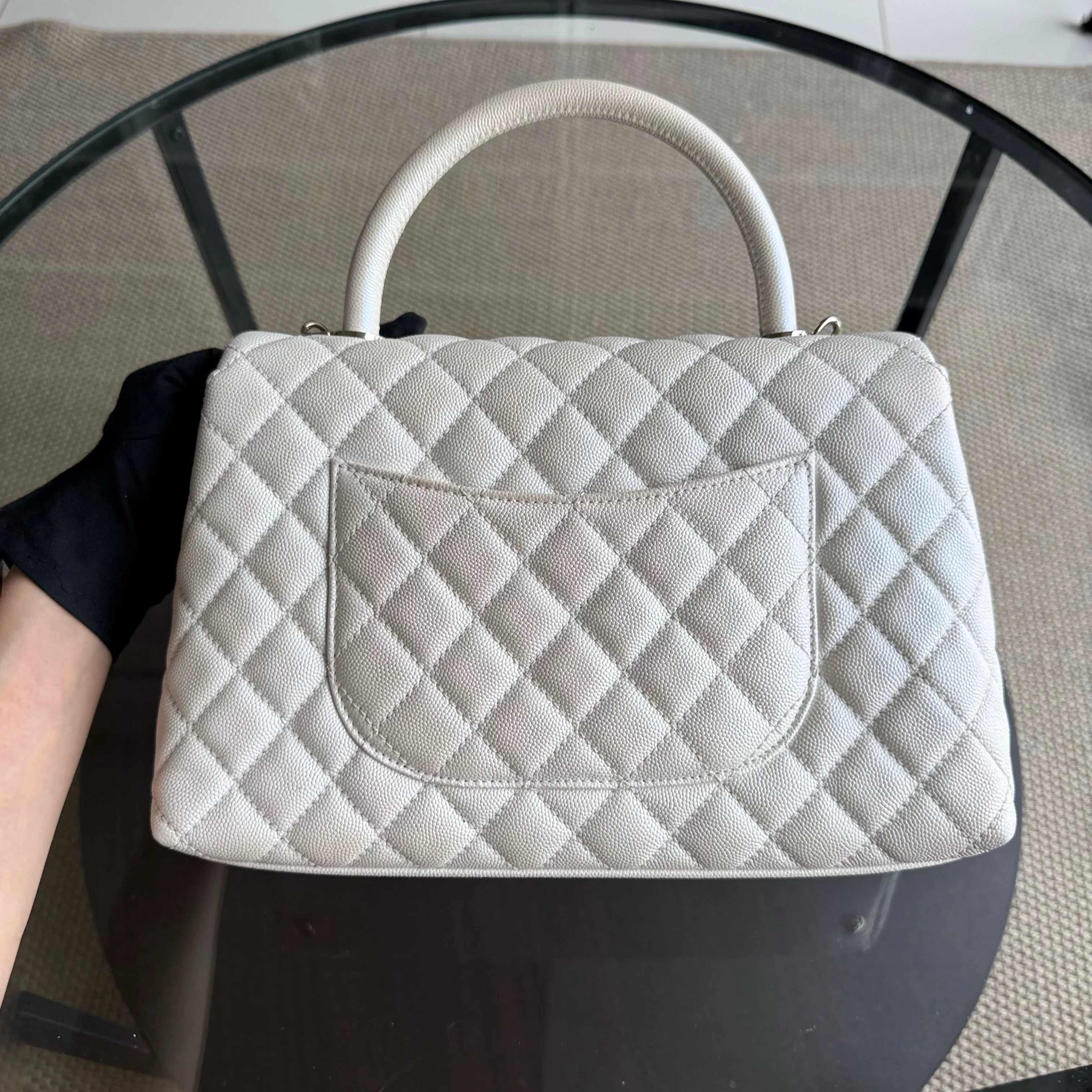 Chanel Coco Handle Medium - Caviar 29CM Quilted Irridescent Pearl White Gold Hardware Series 30