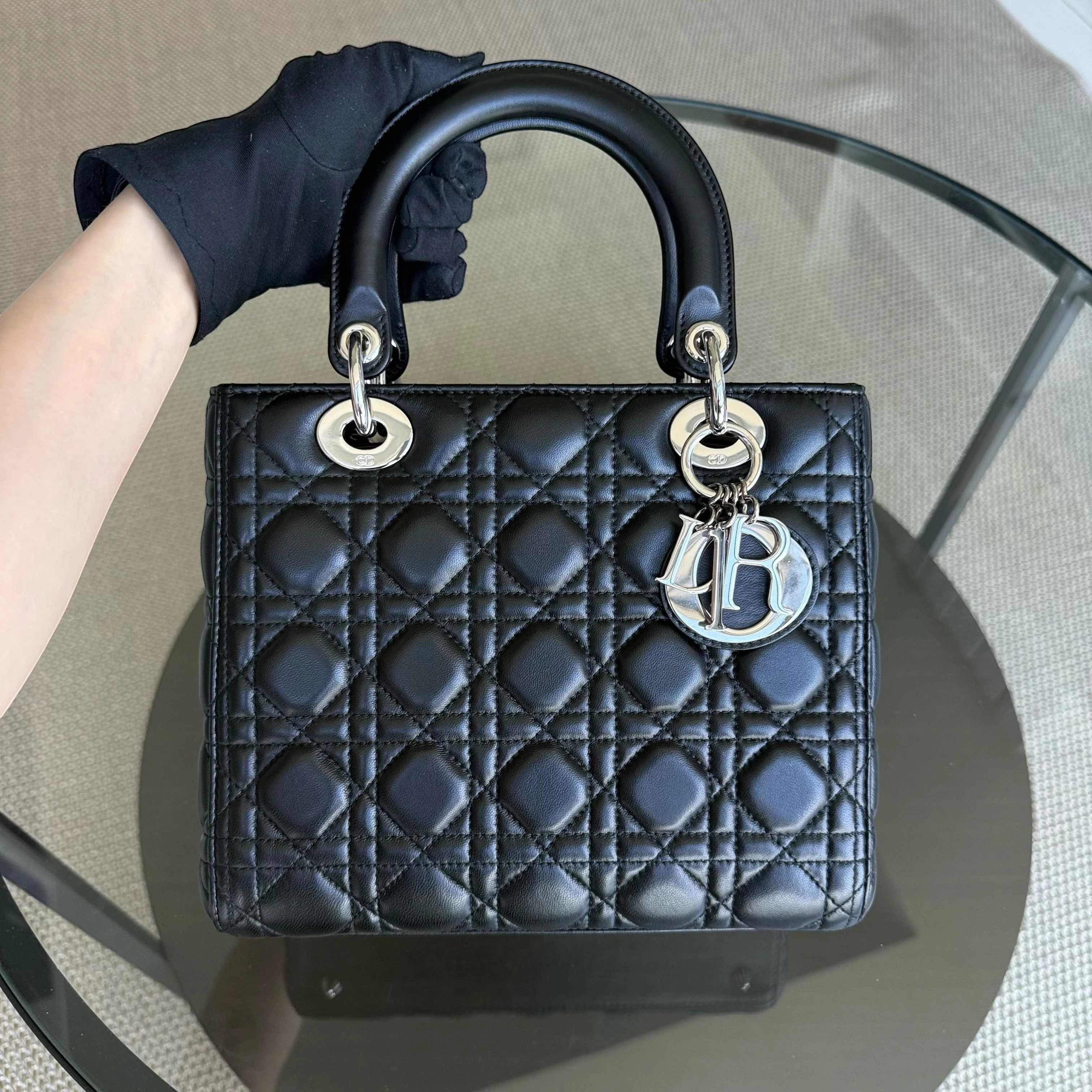 Dior Lady Medium - Cannage Lambskin Black Silver Hardware