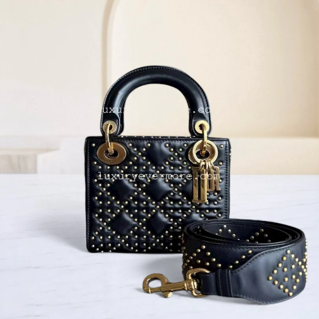 Dior Lady Mini Quilted Studded Lambskin Black Golden Hardware